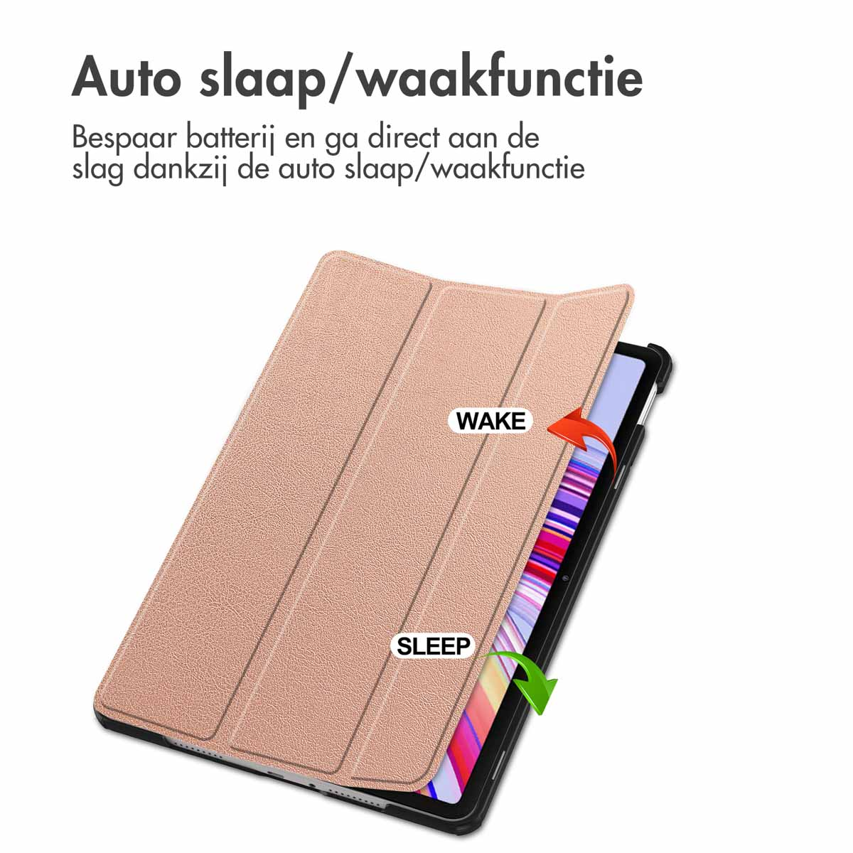 Tablet case, showing wake and sleep functions, with a pink color.
