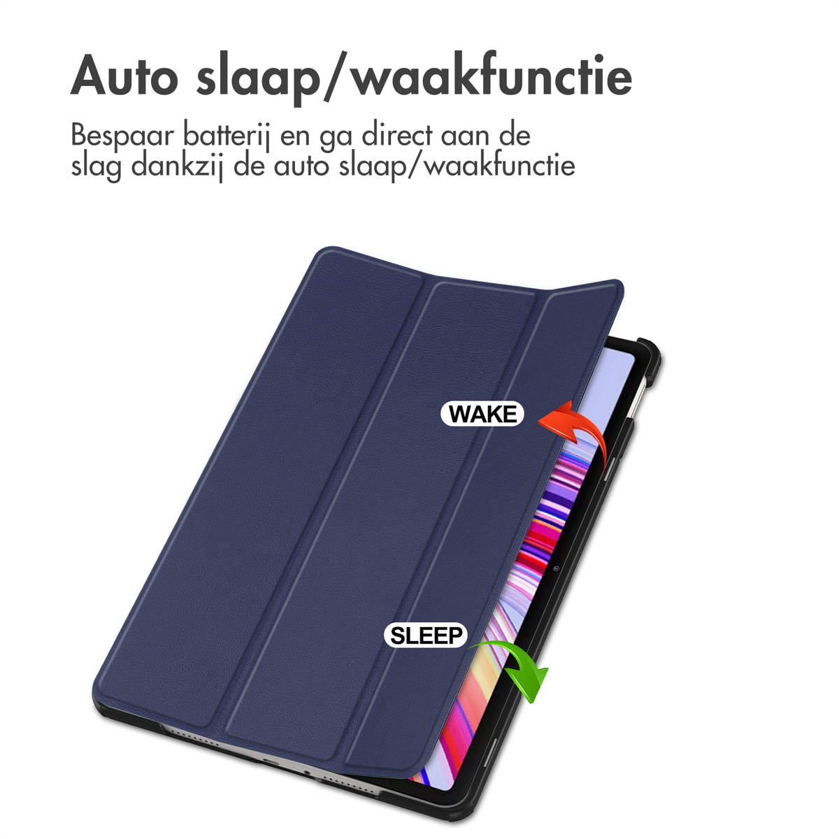 Opened blue tablet case. The interior shows a tablet screen with text. Arrows indicate sleep and wake functions.