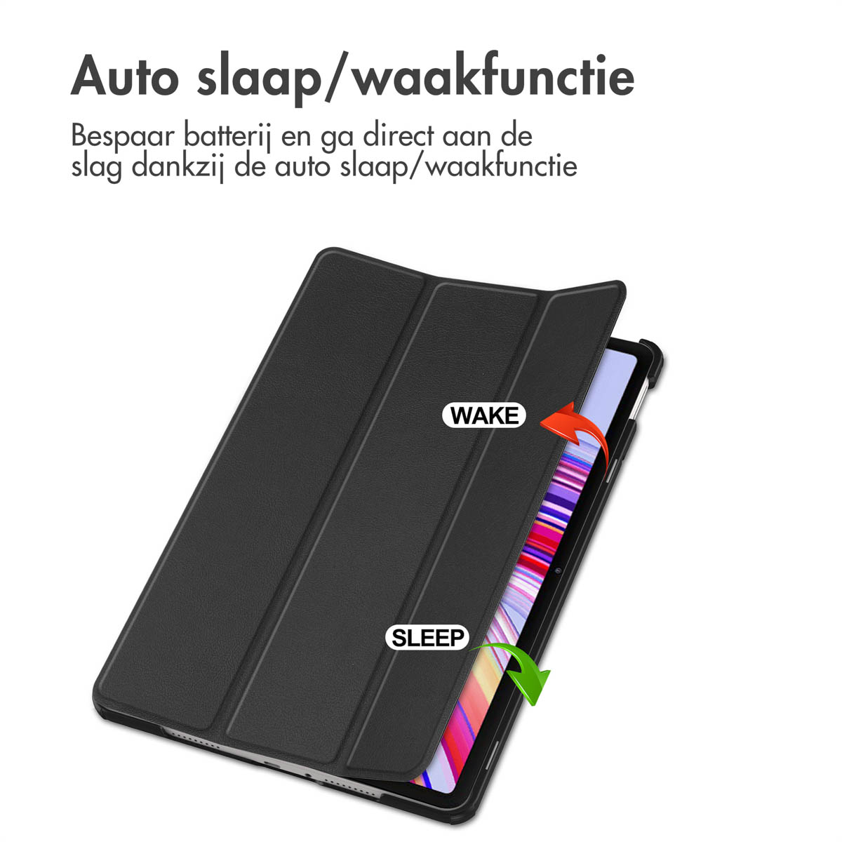 Black tablet case open, showing tablet. Text says Wake and Sleep. Red and green arrows point to them.