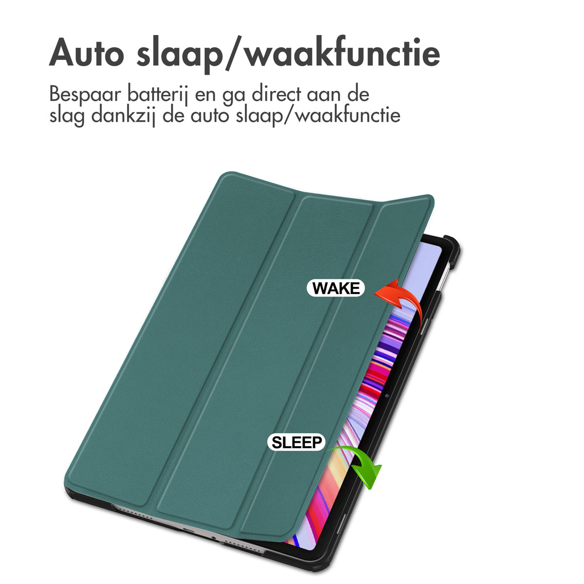 Green tablet cover with a screen showing. Text indicates sleep/wake function.