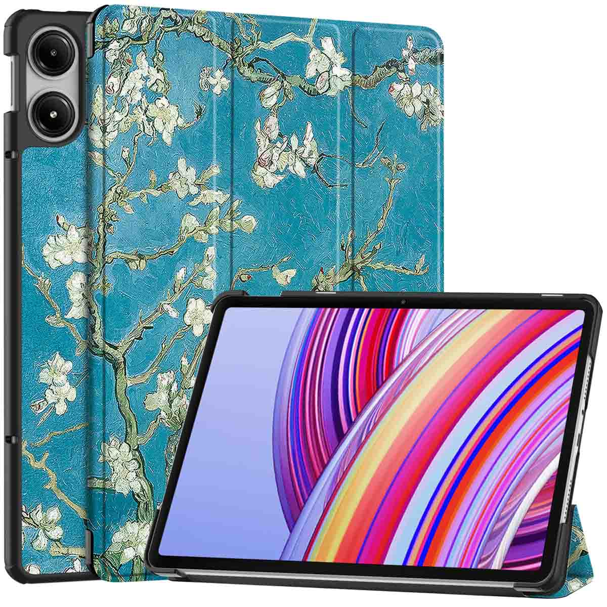 Tablet in case with Van Gogh's almond blossoms art. Tablet's screen shows colors.