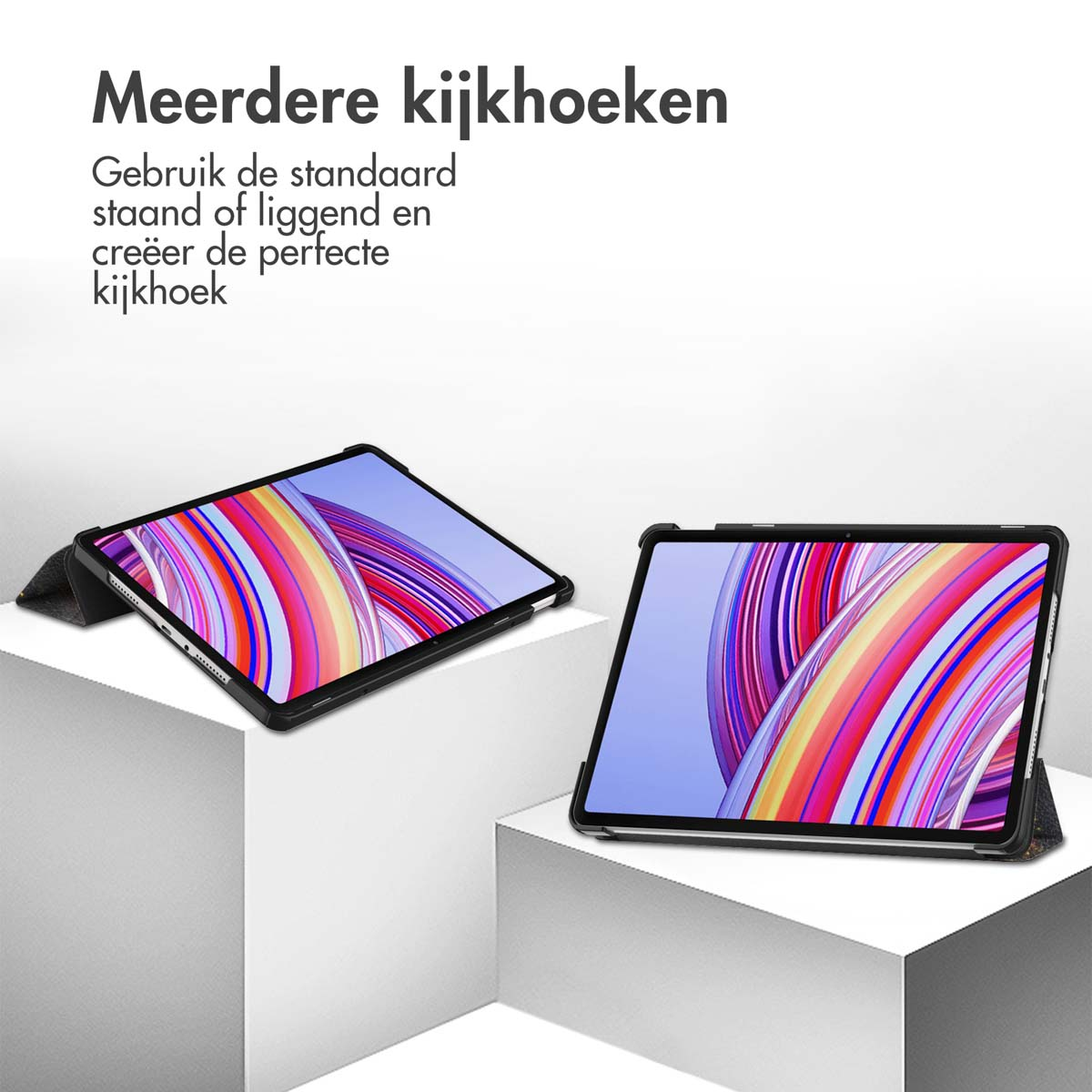 Tablets in cases, on white blocks. Text says: multiple viewing angles.