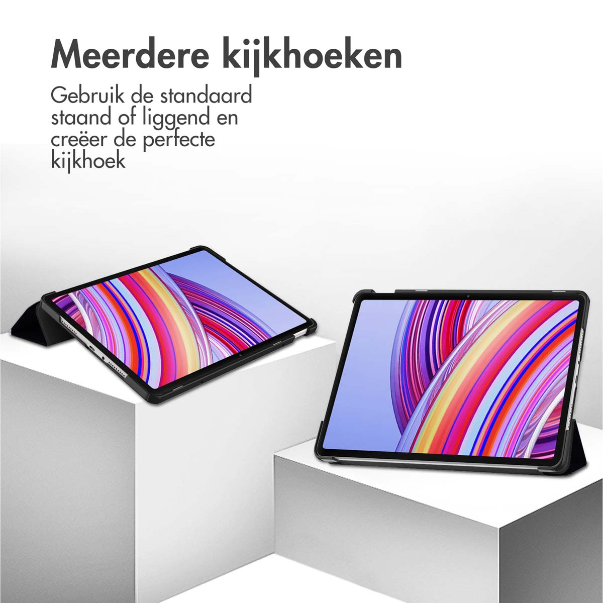 Two tablets on stands; one in landscape, one in portrait mode.