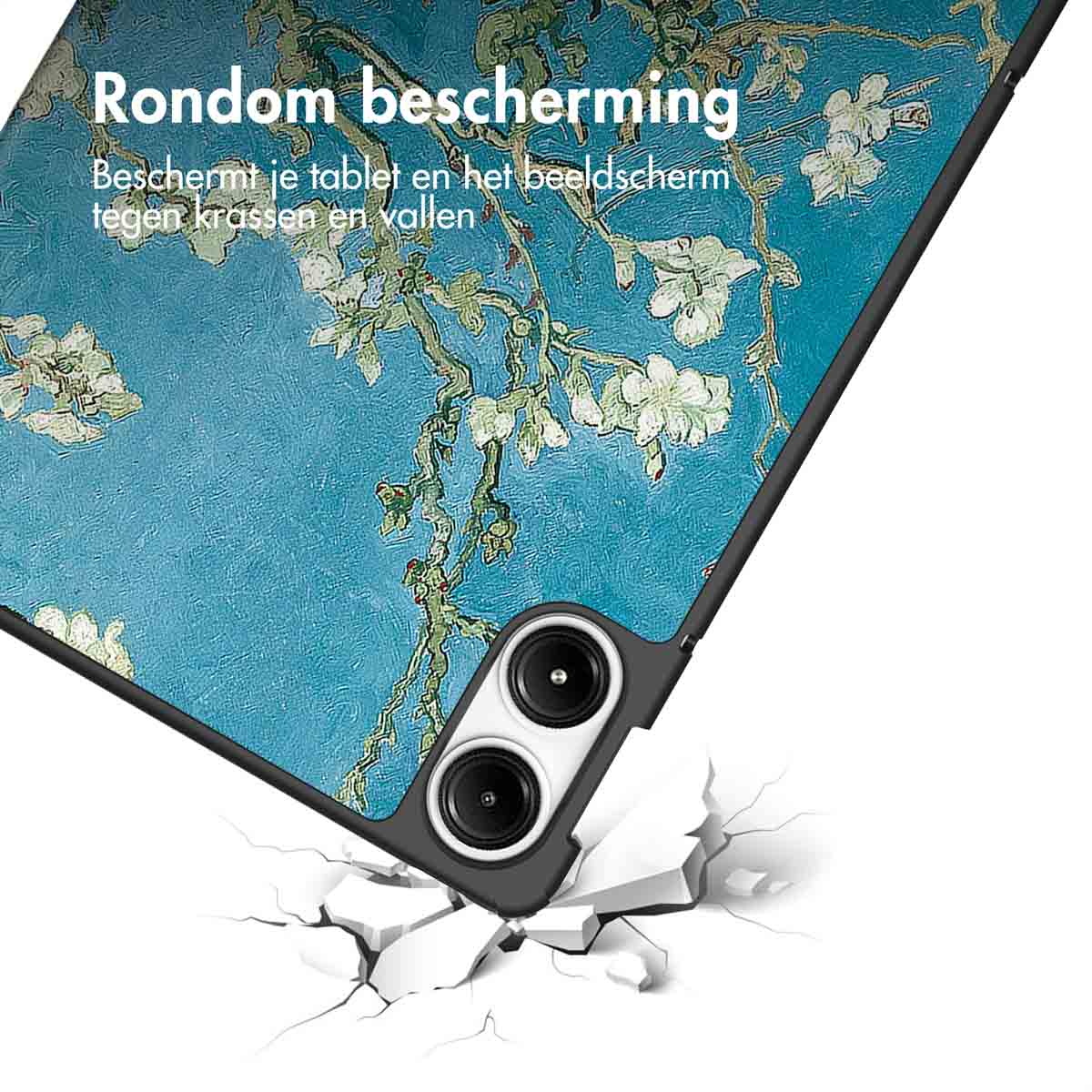 Tablet in a case with a painting design, falling and breaking.