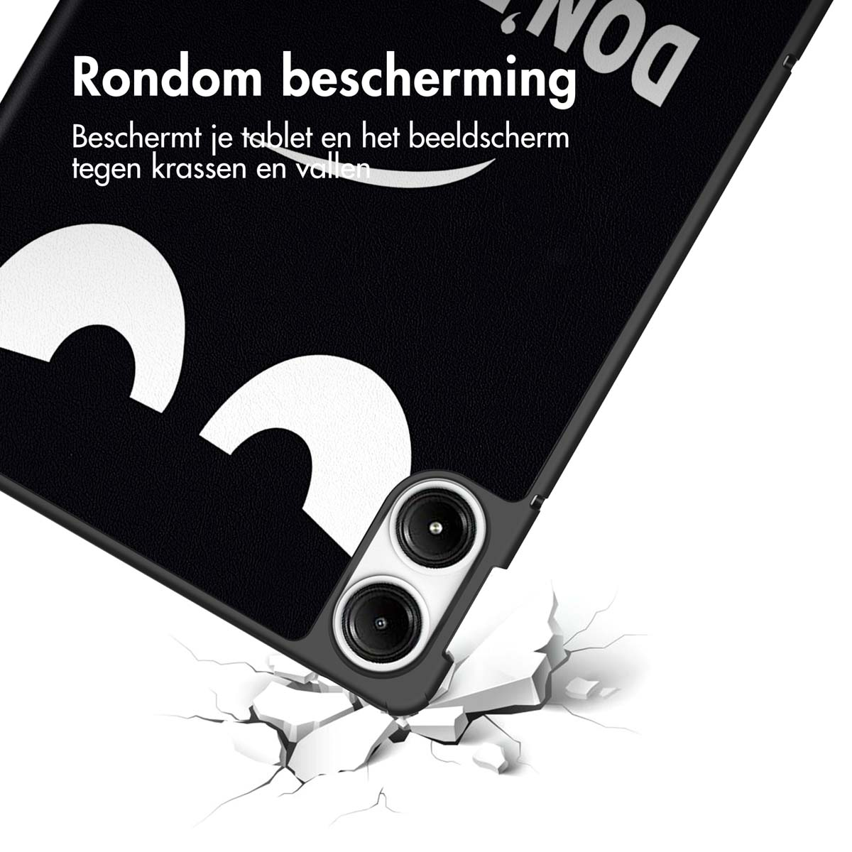 Black phone case with white graphic. The phone is on the ground with cracks around.