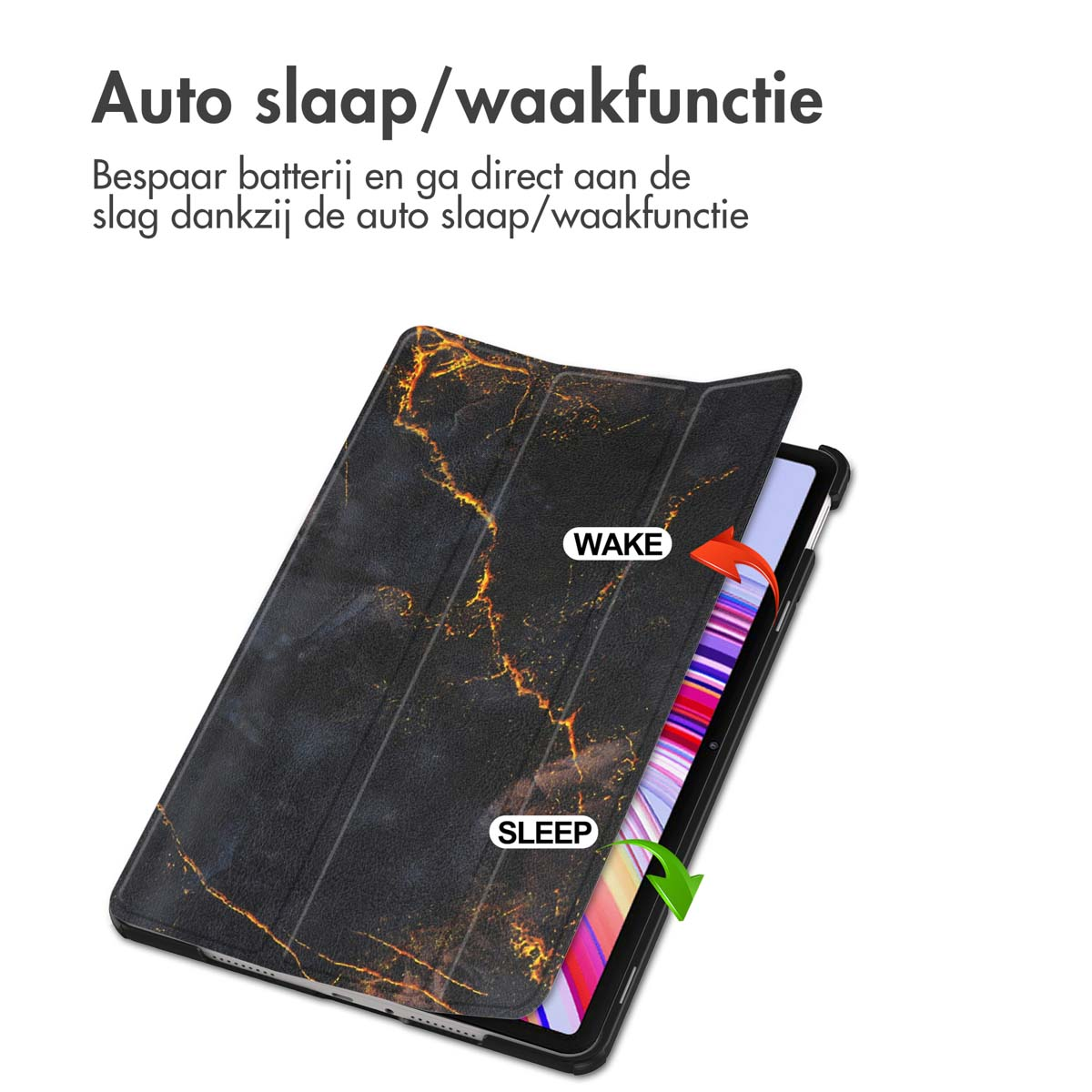 Tablet in a black case with a marble pattern. Text says Wake and Sleep. Red and green arrows point to them.