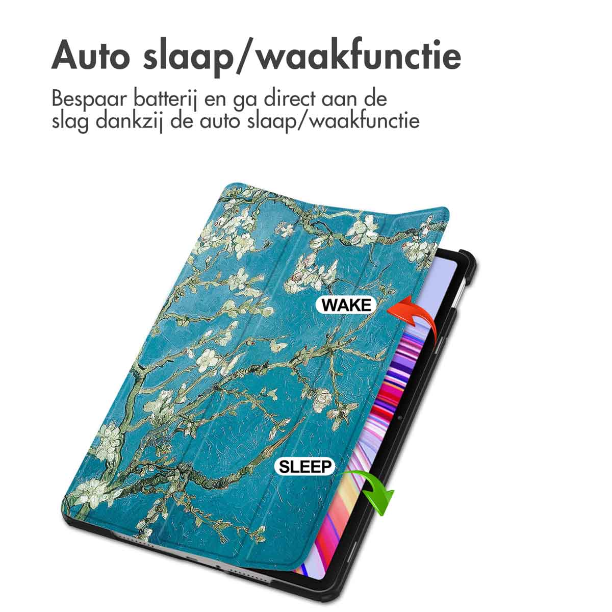 Tablet case with art, showing WAKE and SLEEP options with arrows.