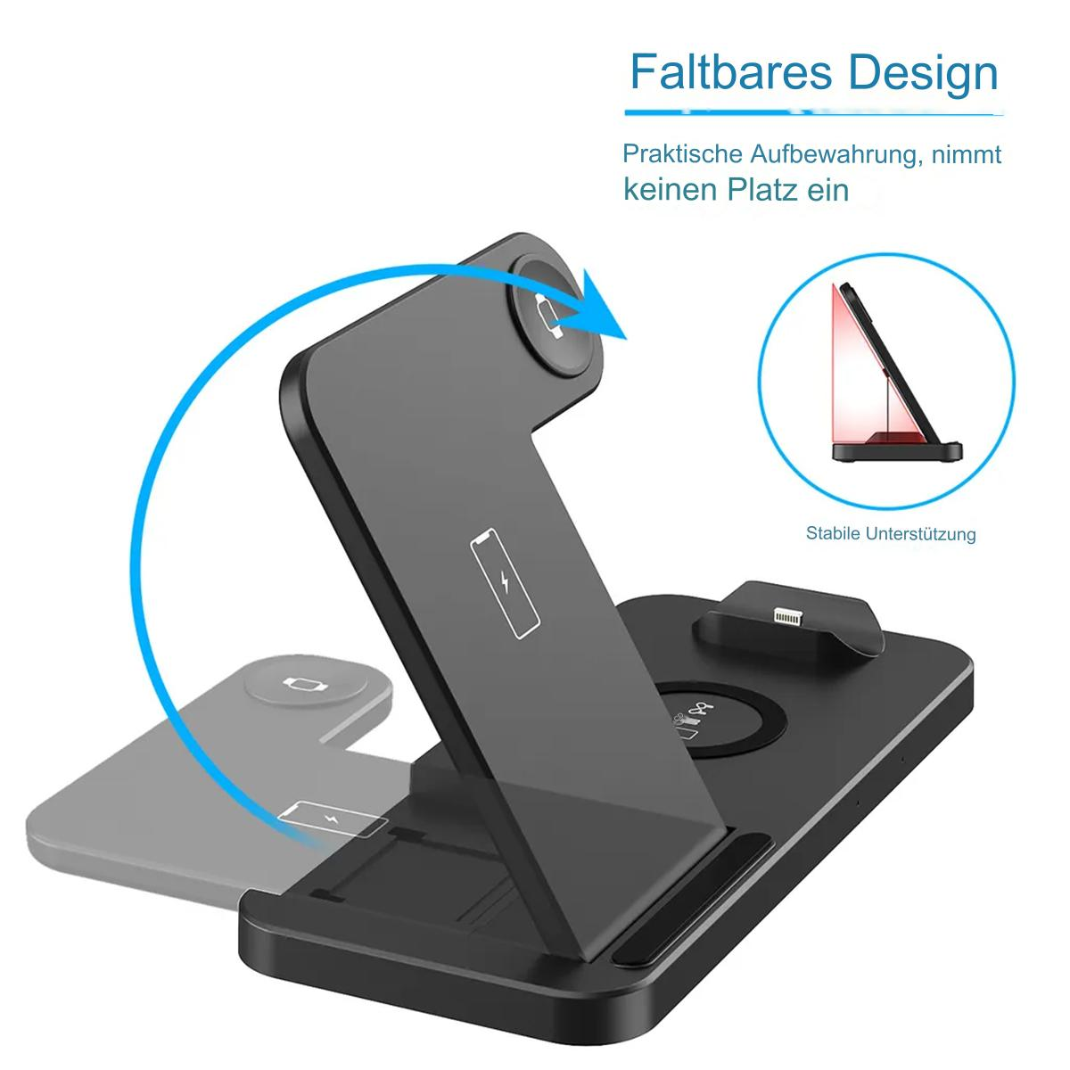Ein schwarzes kabelloses Ladegerät für mehrere Geräte mit faltbarem Design und einem Telefon in Gebrauch.