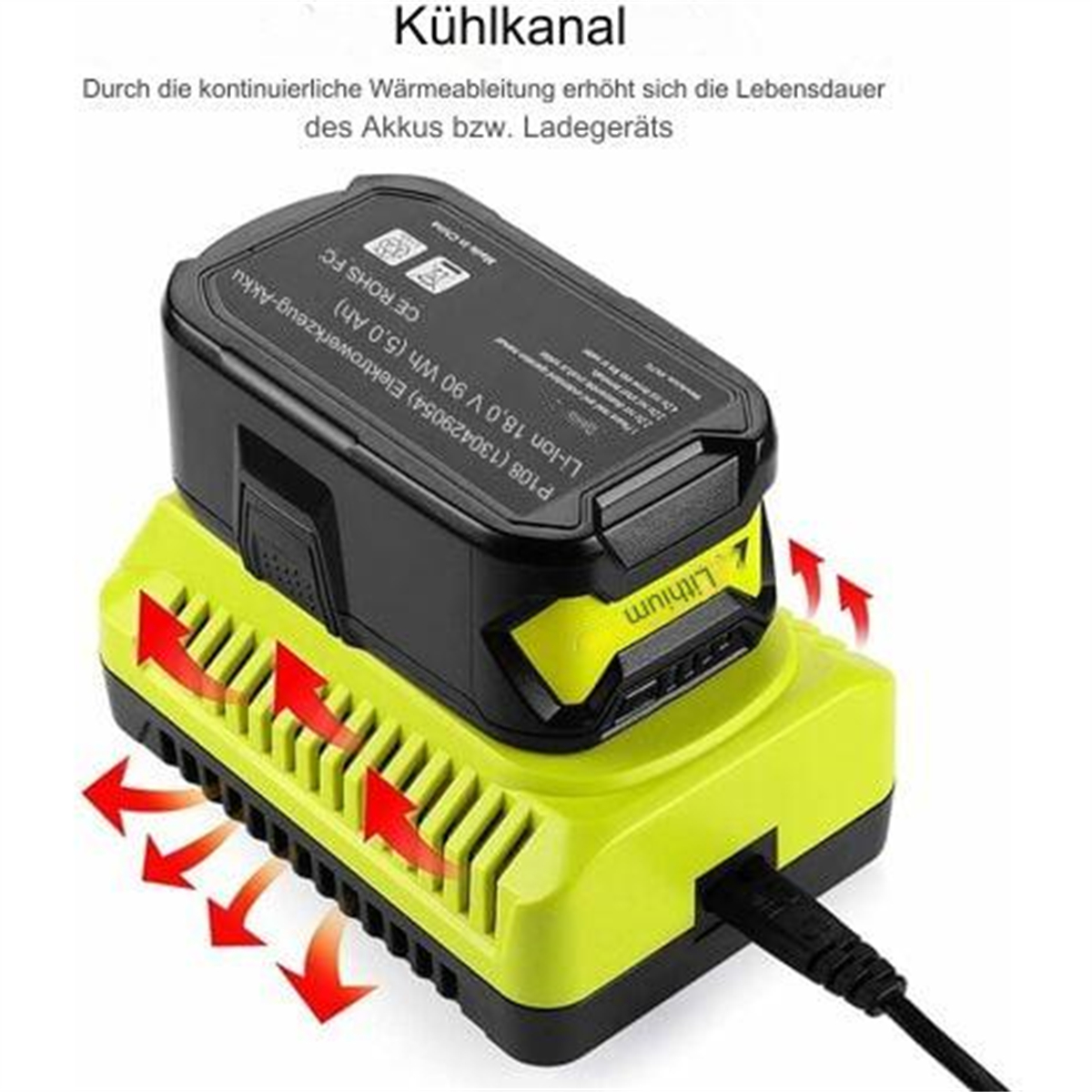 Ein schwarz-gelbes Batterieladegerät mit einer schwarzen Batterie, Pfeile zeigen den Luftstrom an.