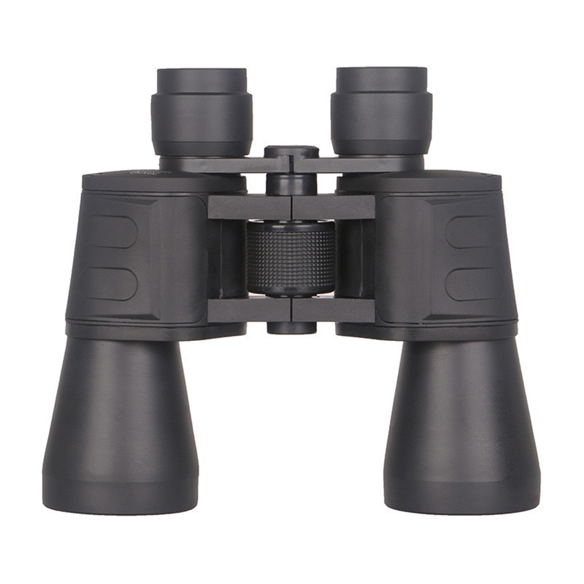 Schwarzes Fernglas mit zwei großen Linsen und einem zentralen Fokusrad, auf weißem Hintergrund.