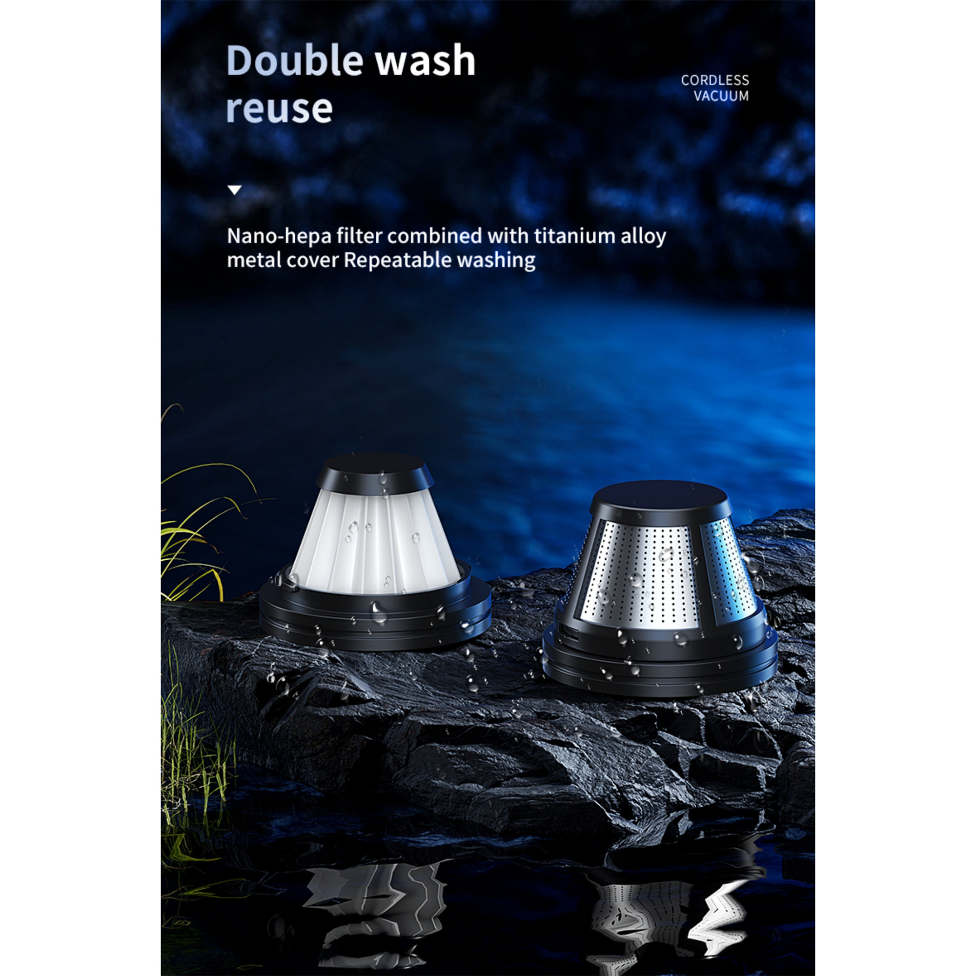 Zwei schwarz-weiße Filter für einen kabellosen Staubsauger auf einer Felsfläche.