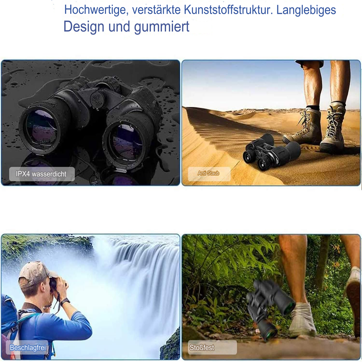 Fernglas mit vier Bildern. Die Bilder zeigen das Fernglas in verschiedenen Umgebungen und Anwendungen.