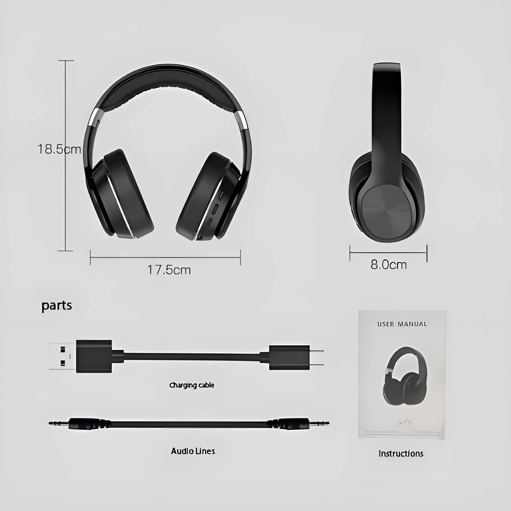 Kopfhörer mit Abmessungen, einem Ladekabel, Audiokabeln und Anweisungen.