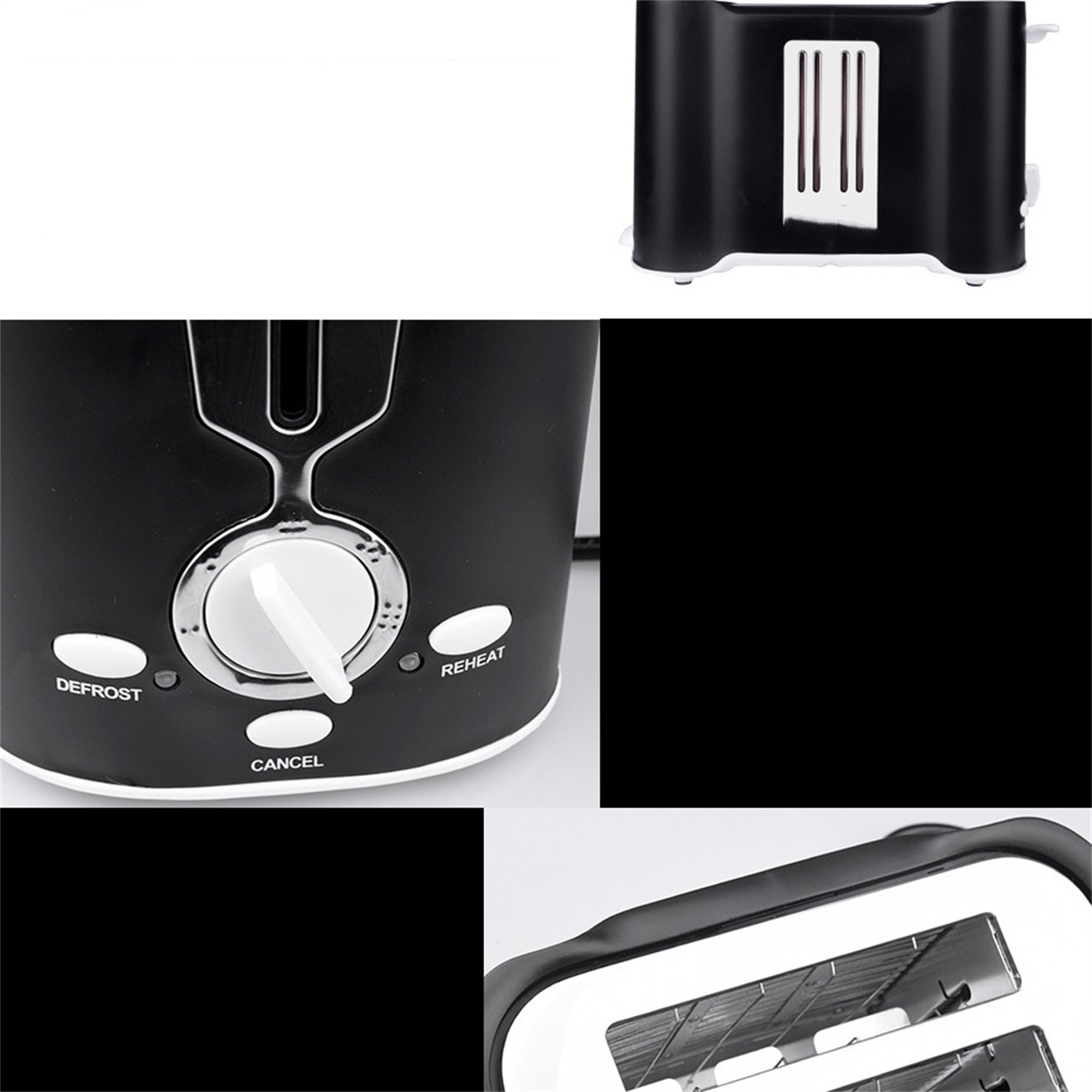 Nahaufnahmen eines schwarz-weißen Toasters mit Auftau-, Abbruch- und Aufwärmtasten.