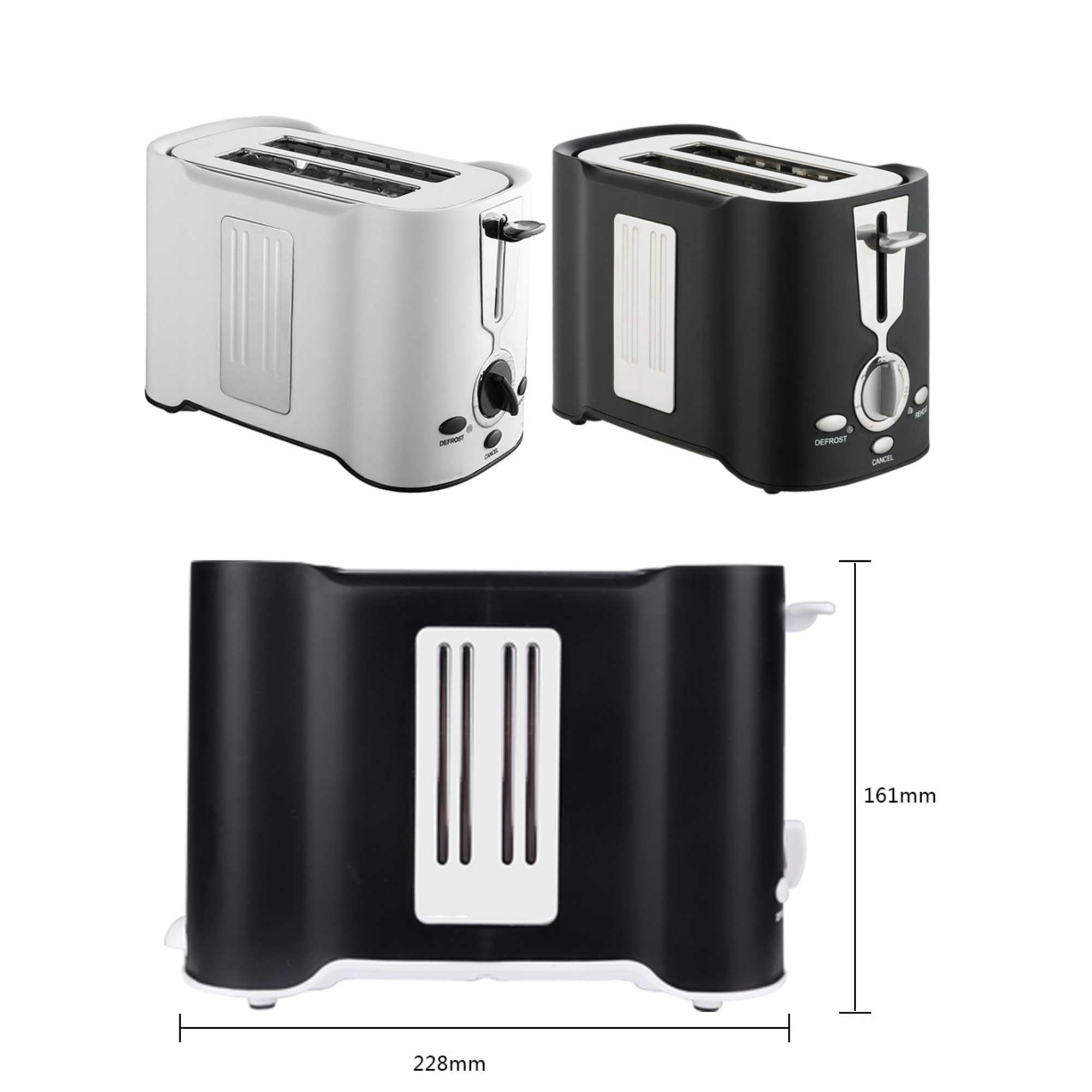 Zwei Toaster, einer weiß und einer schwarz. Der Boden des schwarzen Toasters ist mit Abmessungen dargestellt.