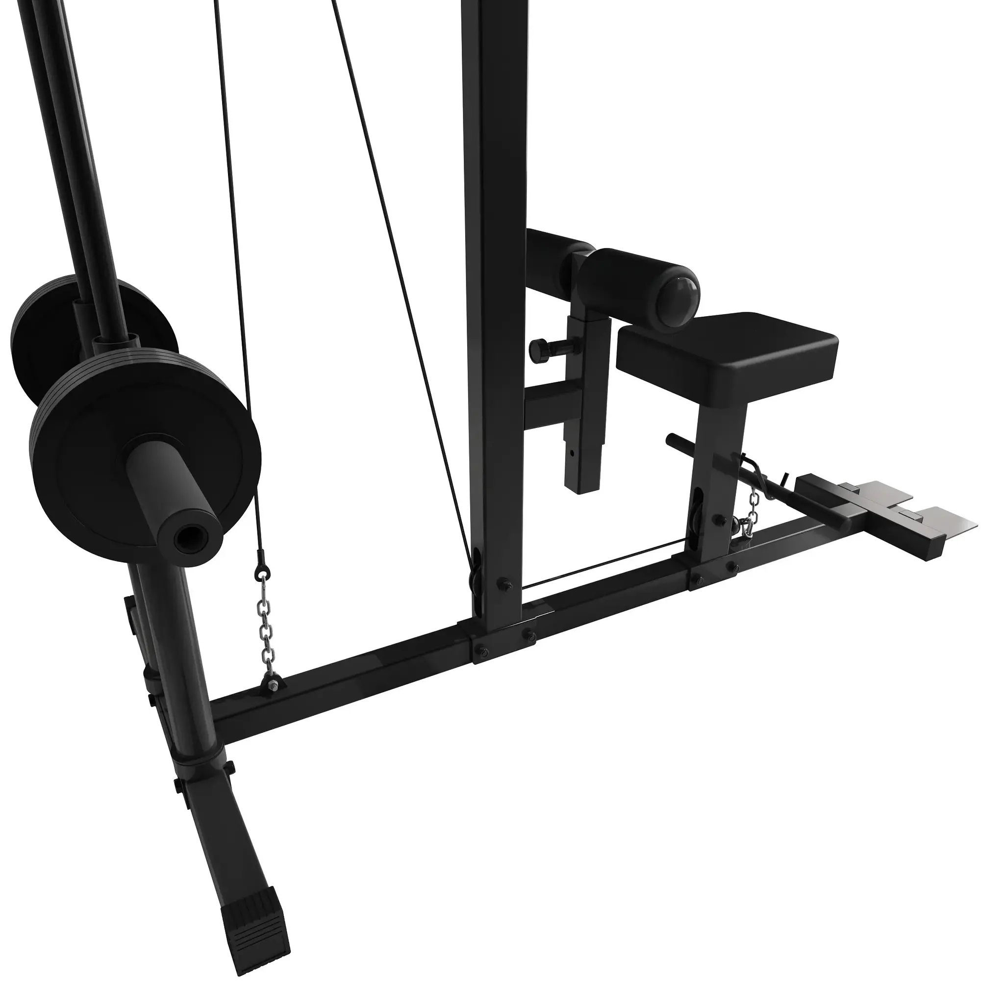 Zwarte fitnessmachine op witte achtergrond. Inclusief gewichten, zitting en kabels.