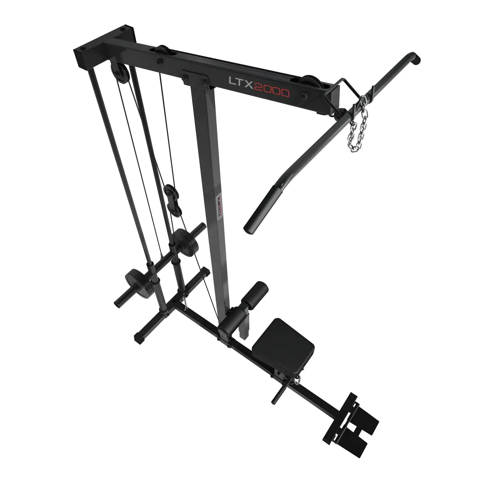 Een zwarte krachttrainingsmachine met gewichten en een bank.
