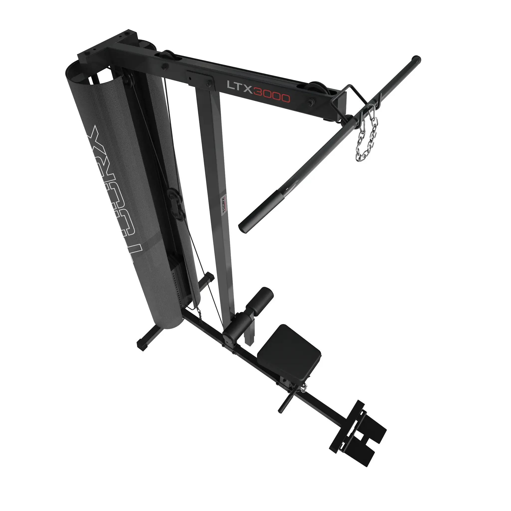 Trainingsapparaat met zwart frame en zitting, van bovenaf gezien.