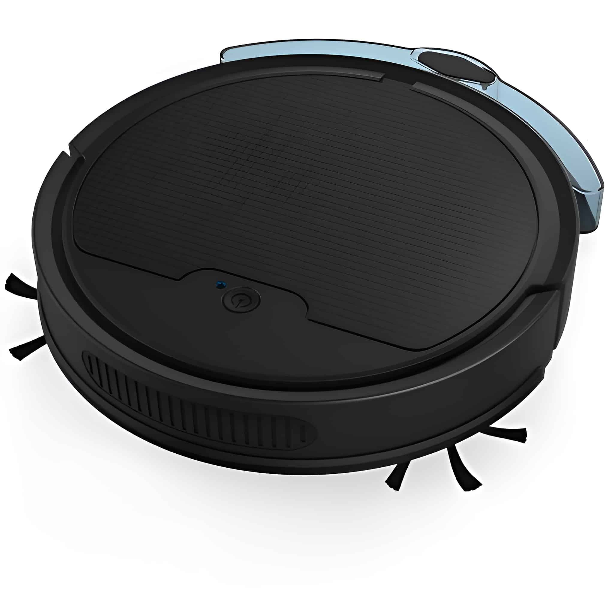 Ein schwarzer Roboter-Staubsauger. Er ist rund und hat Bürsten an den Seiten. Er ist zum Reinigen positioniert.
