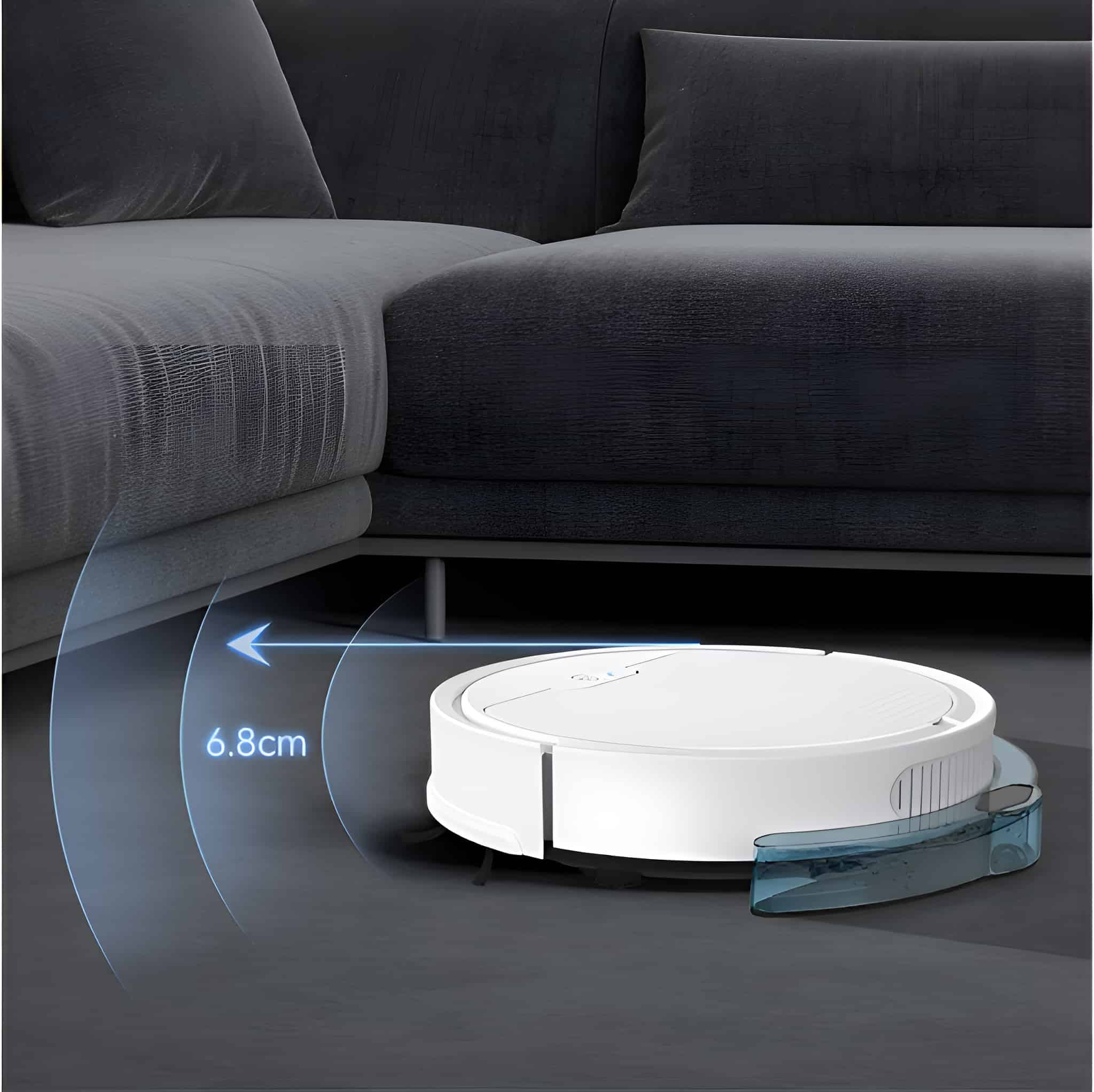 Ein weißer Roboter-Staubsauger, der einen dunkelgrauen Boden mit blauem Licht reinigt.