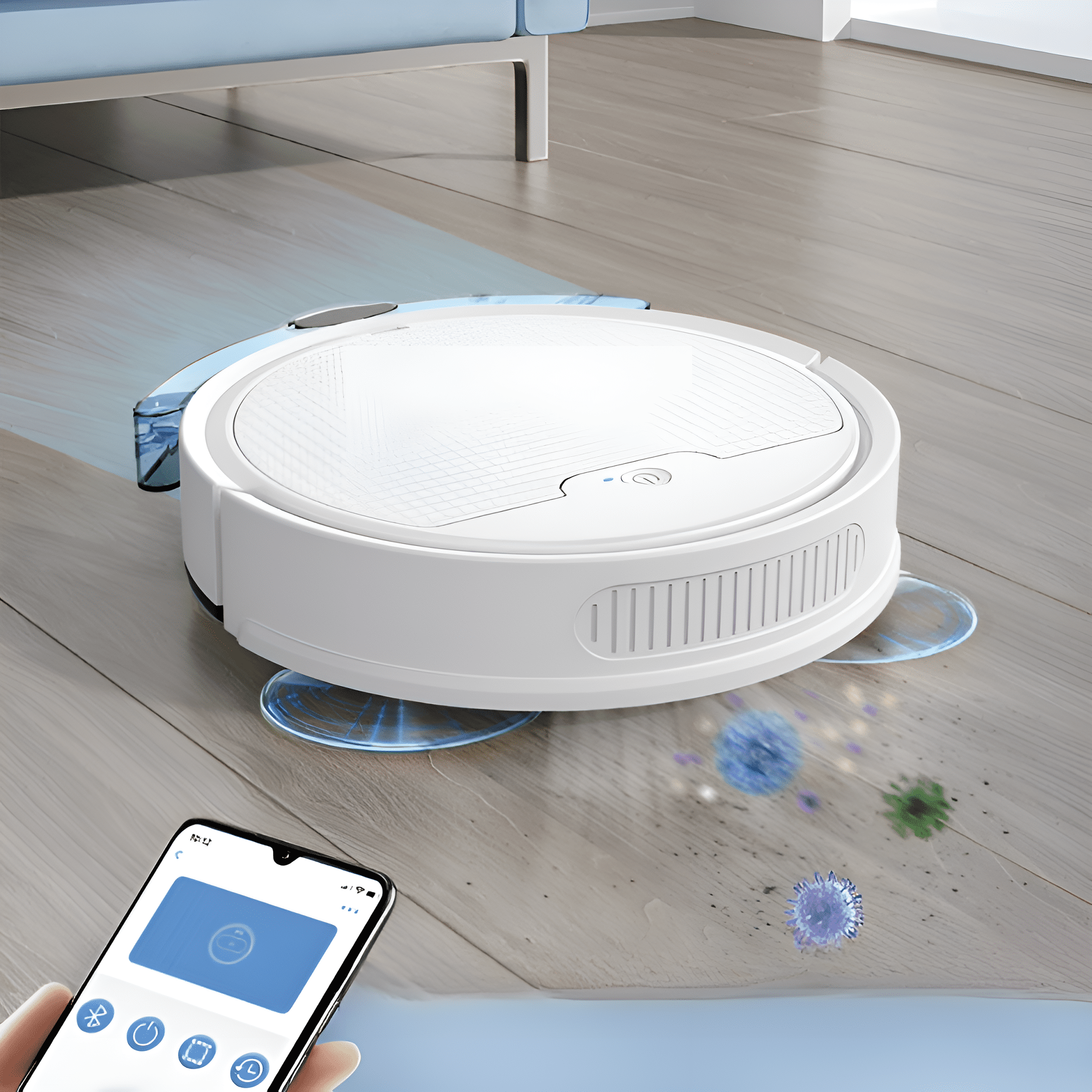Ein weißer Roboterstaubsauger reinigt einen Holzboden. Ein Telefon liegt daneben.