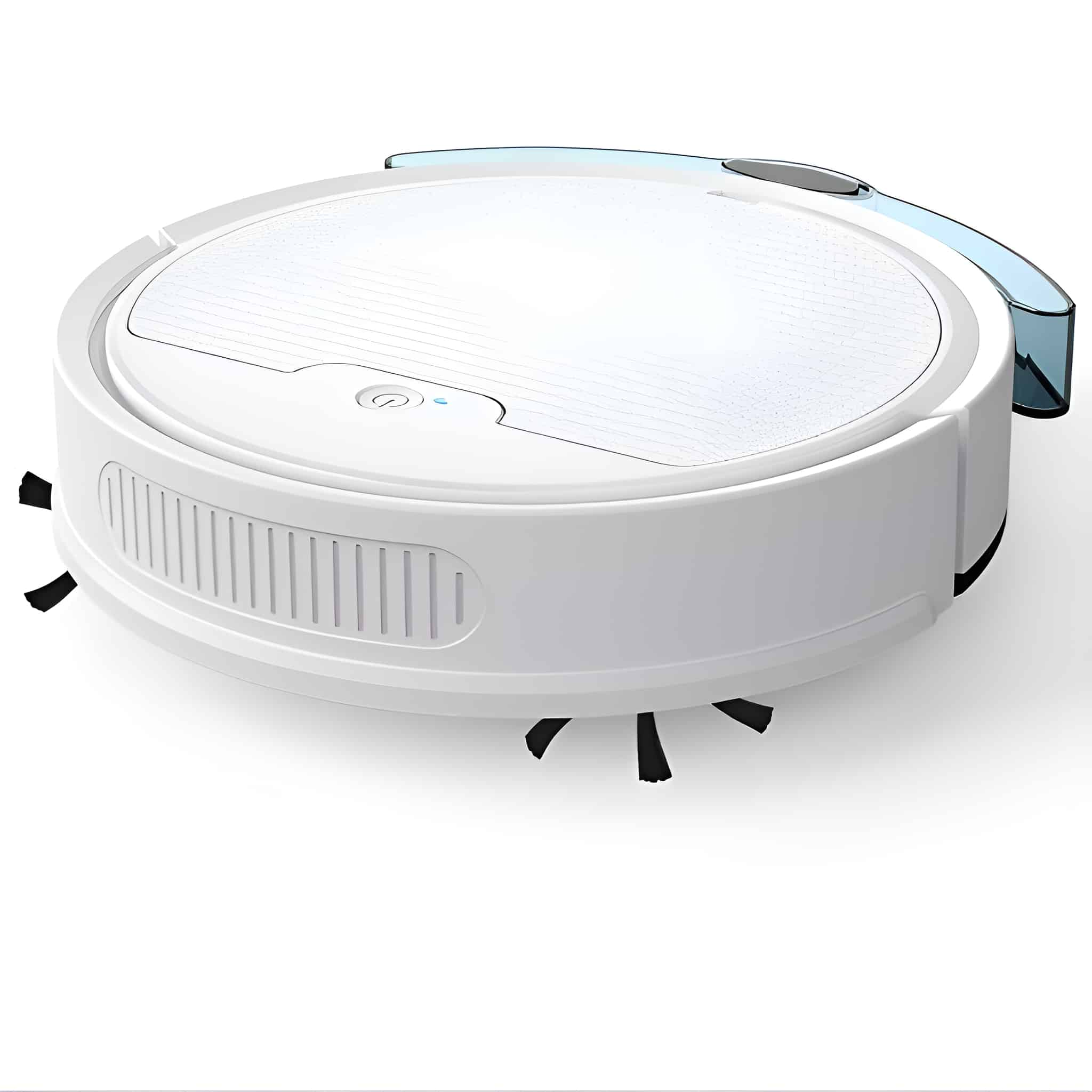 Weißer Roboter-Staubsauger. Es ist rund mit einem oberen Panel und Bürsten.