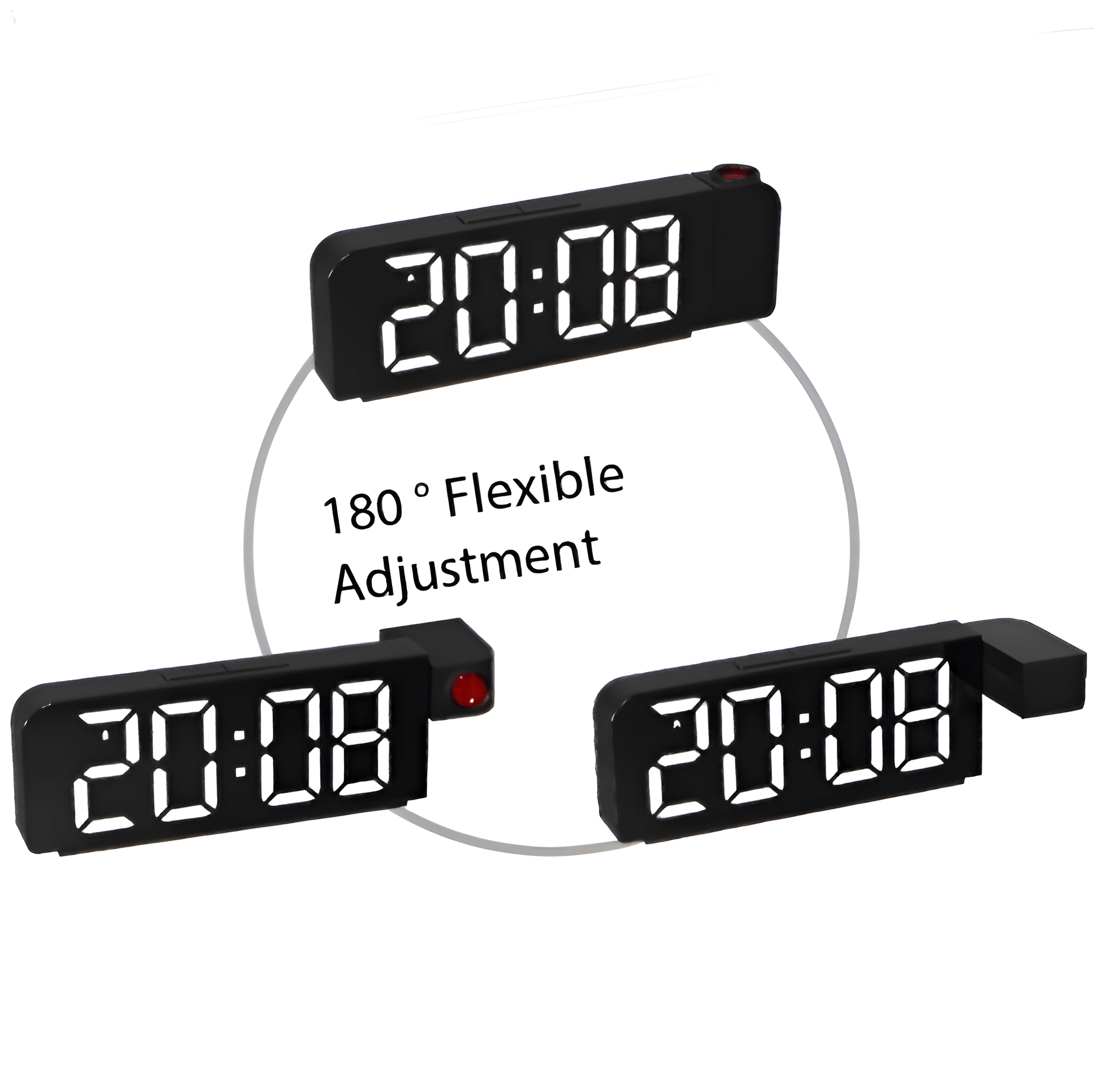 Drei schwarze Digitaluhren mit 20:08. Text besagt 180° Flexible Anpassung.