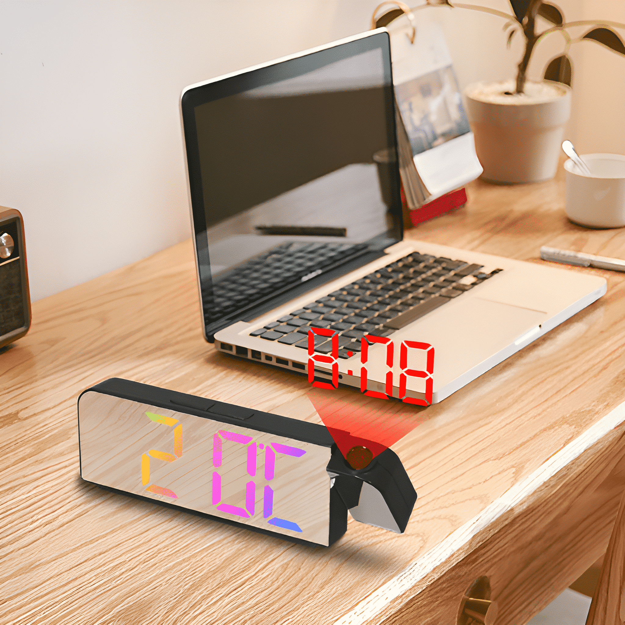 Ein Holzschreibtisch mit einer Digitaluhr, einem Laptop und einer Pflanze. Die Uhr zeigt 2:08 mit Projektion an.