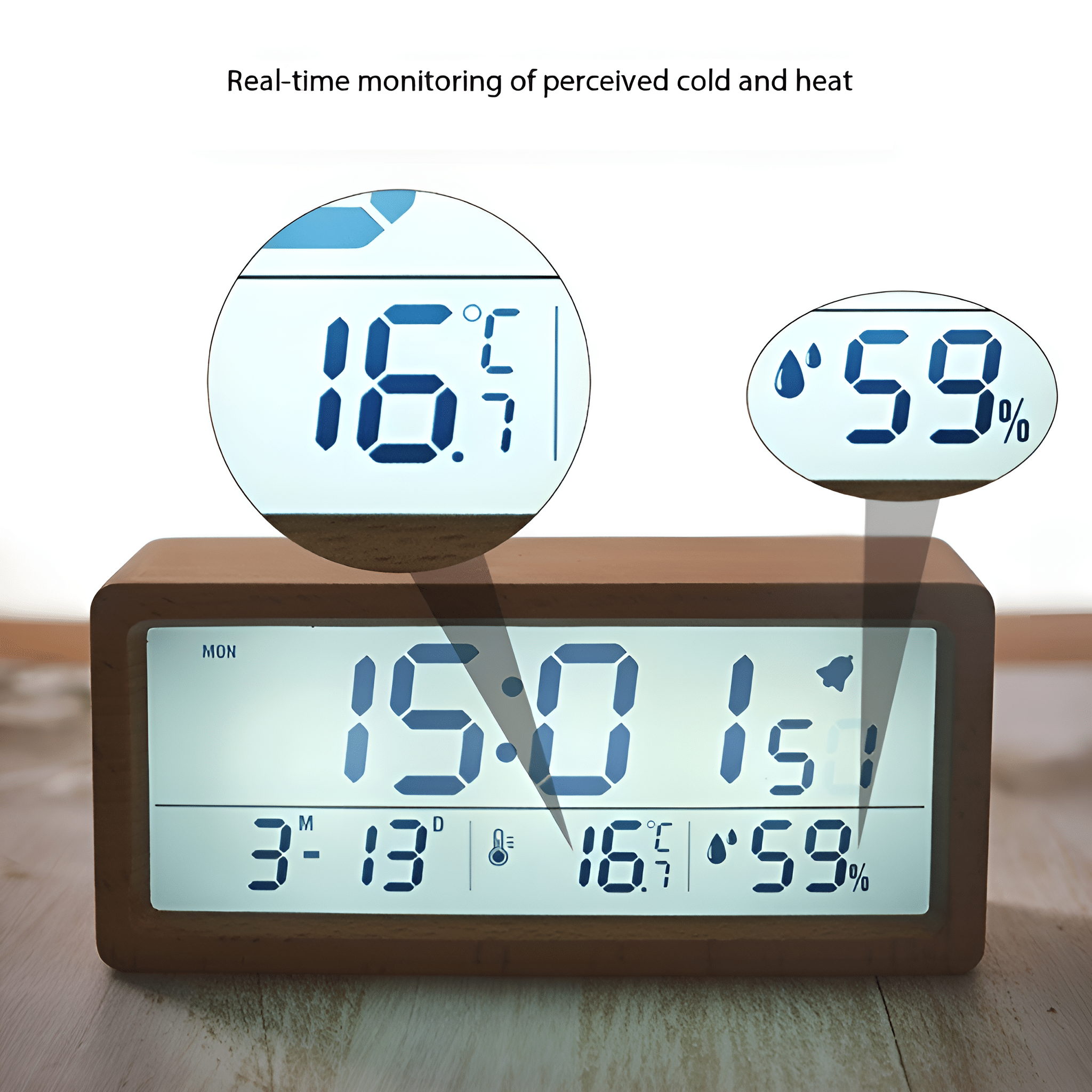 Eine Digitaluhr mit Zeit und Temperatur. Zwei vergrößerte Kreise zeigen Details.