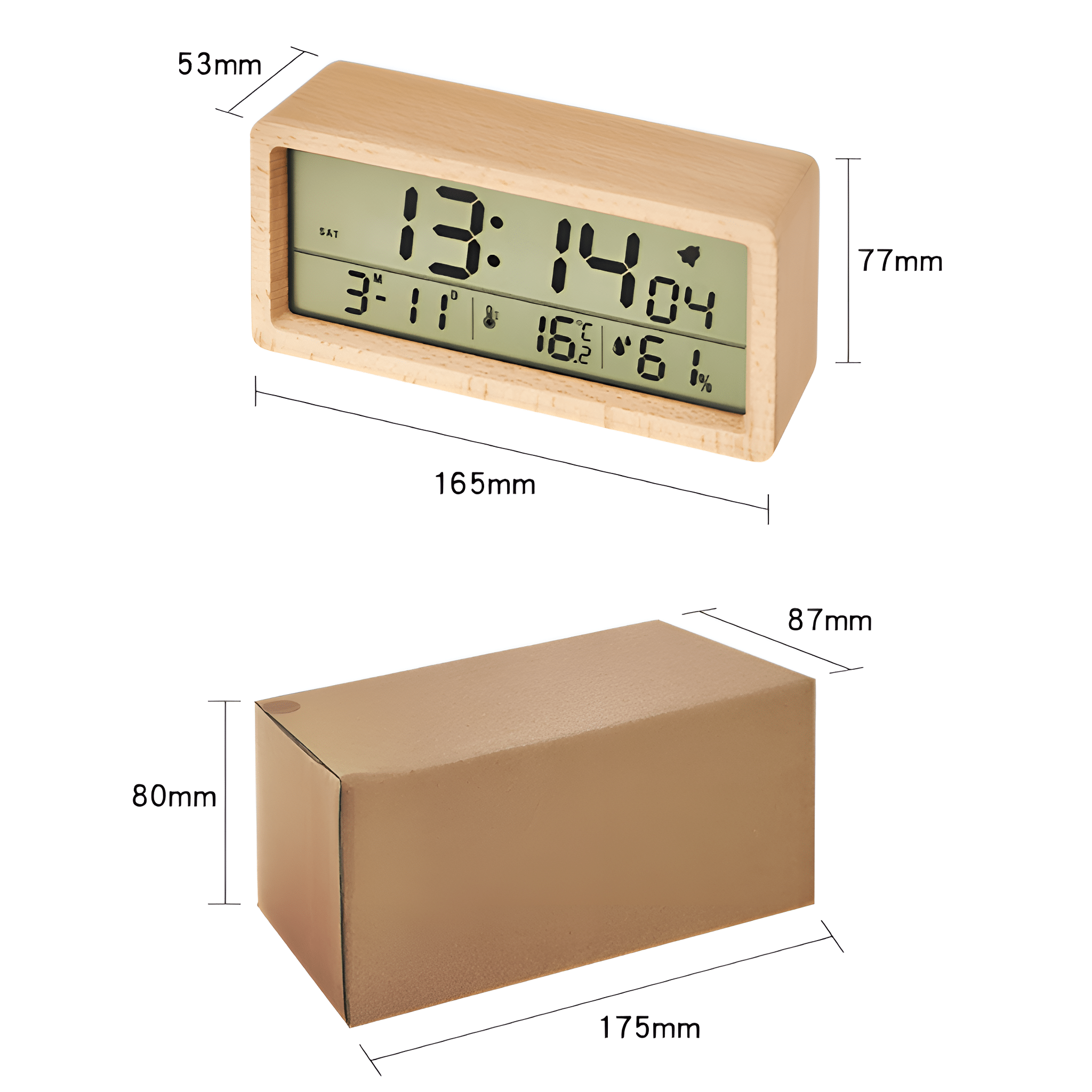 Digitaler Wecker aus Holz mit Display. Die Abmessungen sind angegeben.