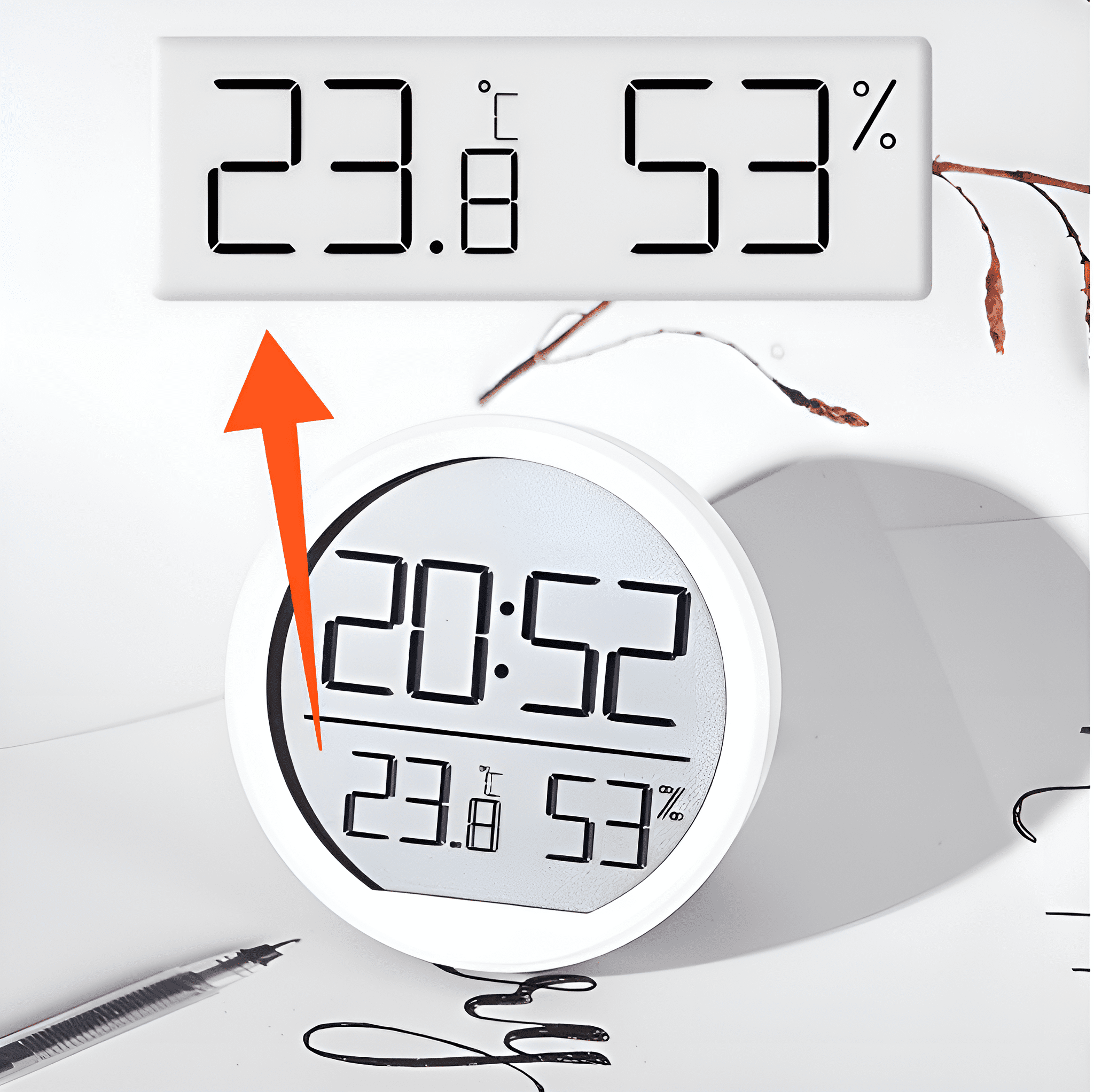 Eine weiße Uhr mit Digitalanzeige, die Zeit und Temperatur anzeigt. Ein Pfeil zeigt auf eine separate Anzeige.