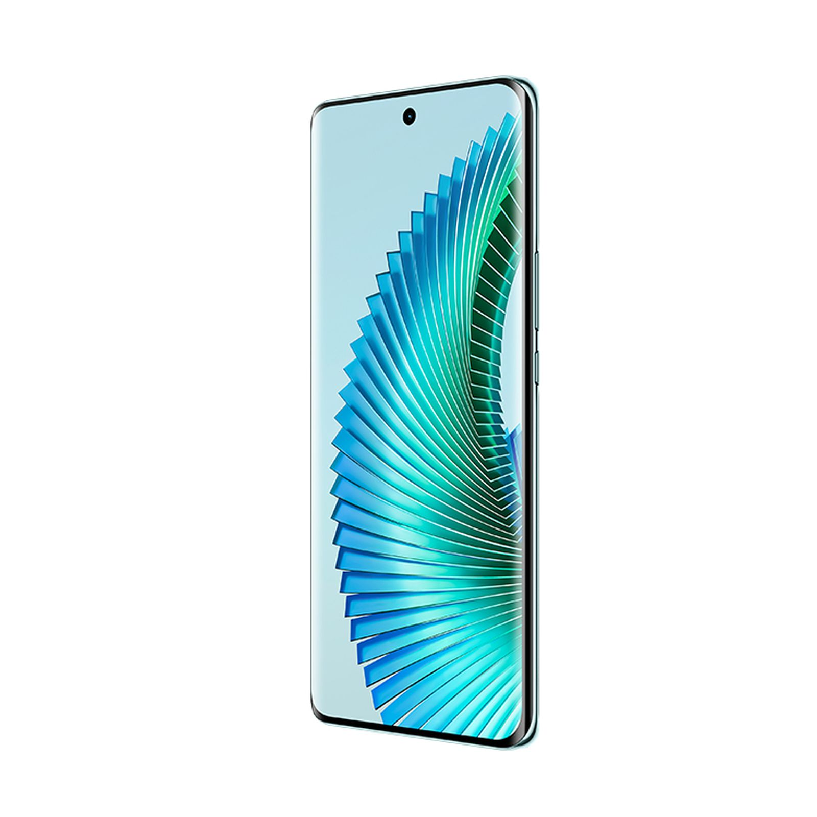 Smartfon z gradientem niebiesko-zielonym na ekranie, widok z boku, białe tło.