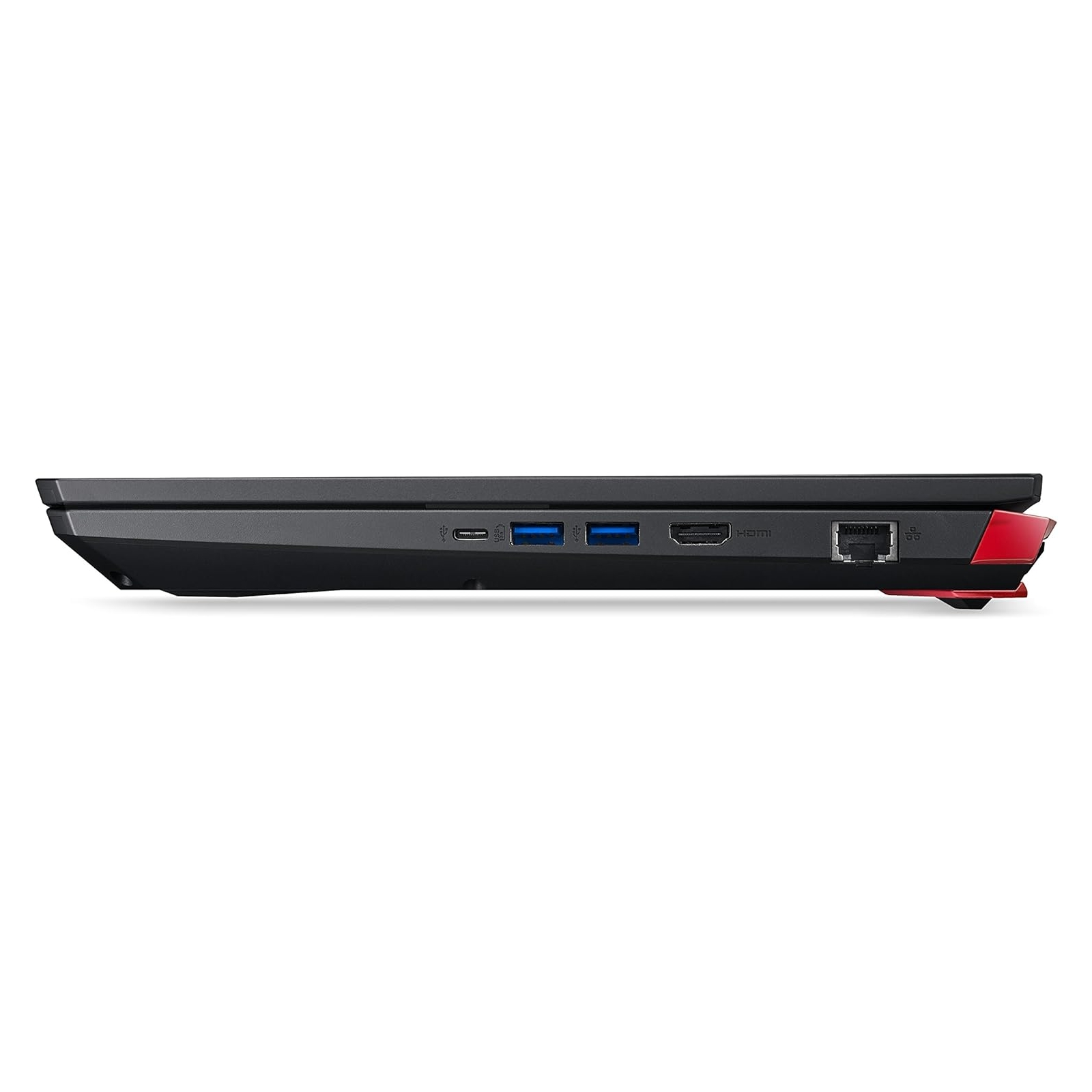 Vista laterale di un laptop nero con porte. Sono visibili accenti rossi.