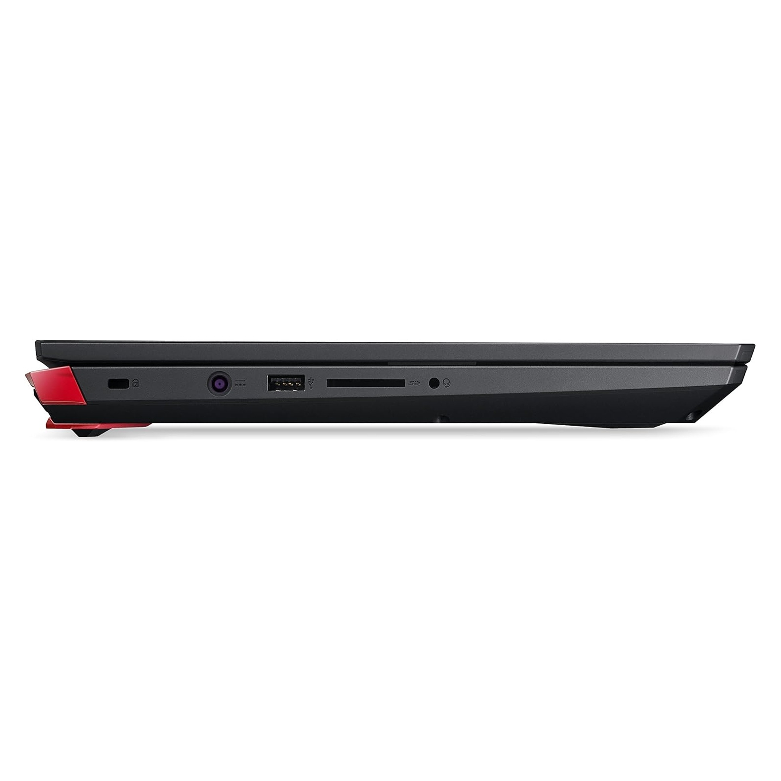 Profilo del laptop. Ha porte laterali e accenti rossi visibili.