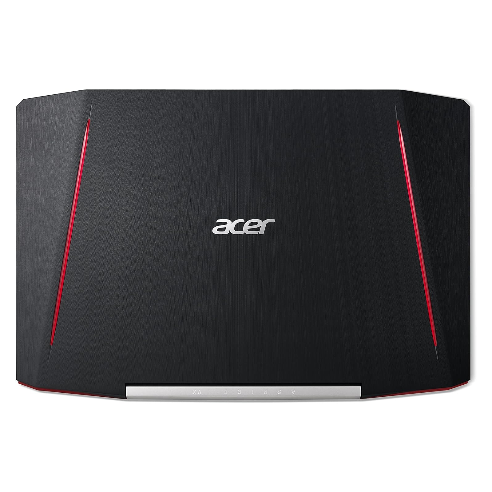 Laptop nero con accenti rossi sul coperchio, logo Acer.