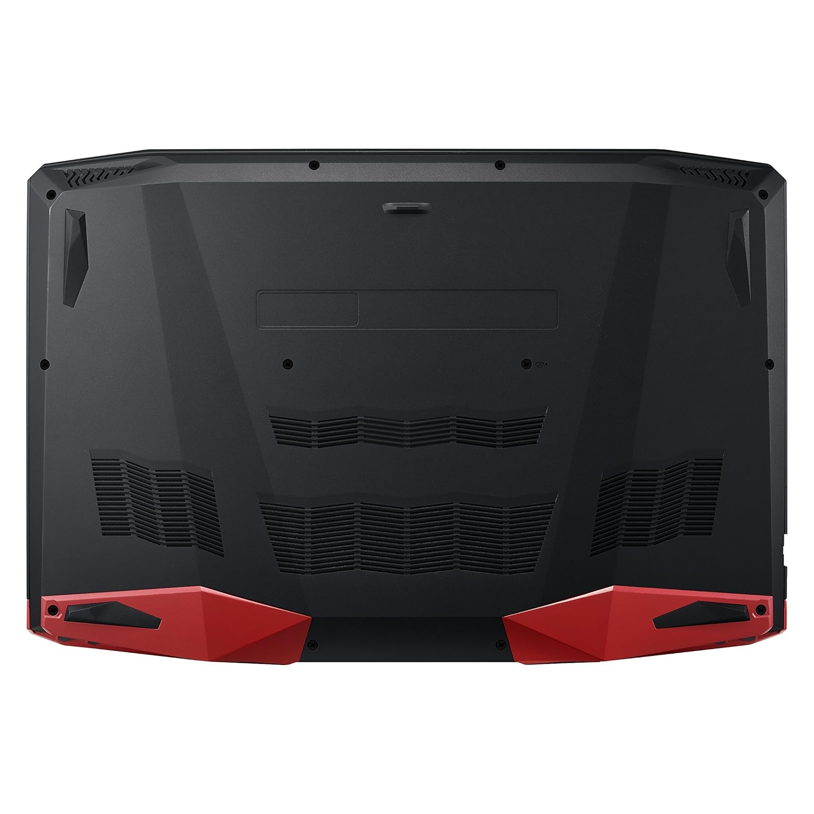 Il lato inferiore di un laptop da gioco nero e rosso. Ha prese d'aria e dettagli rossi.