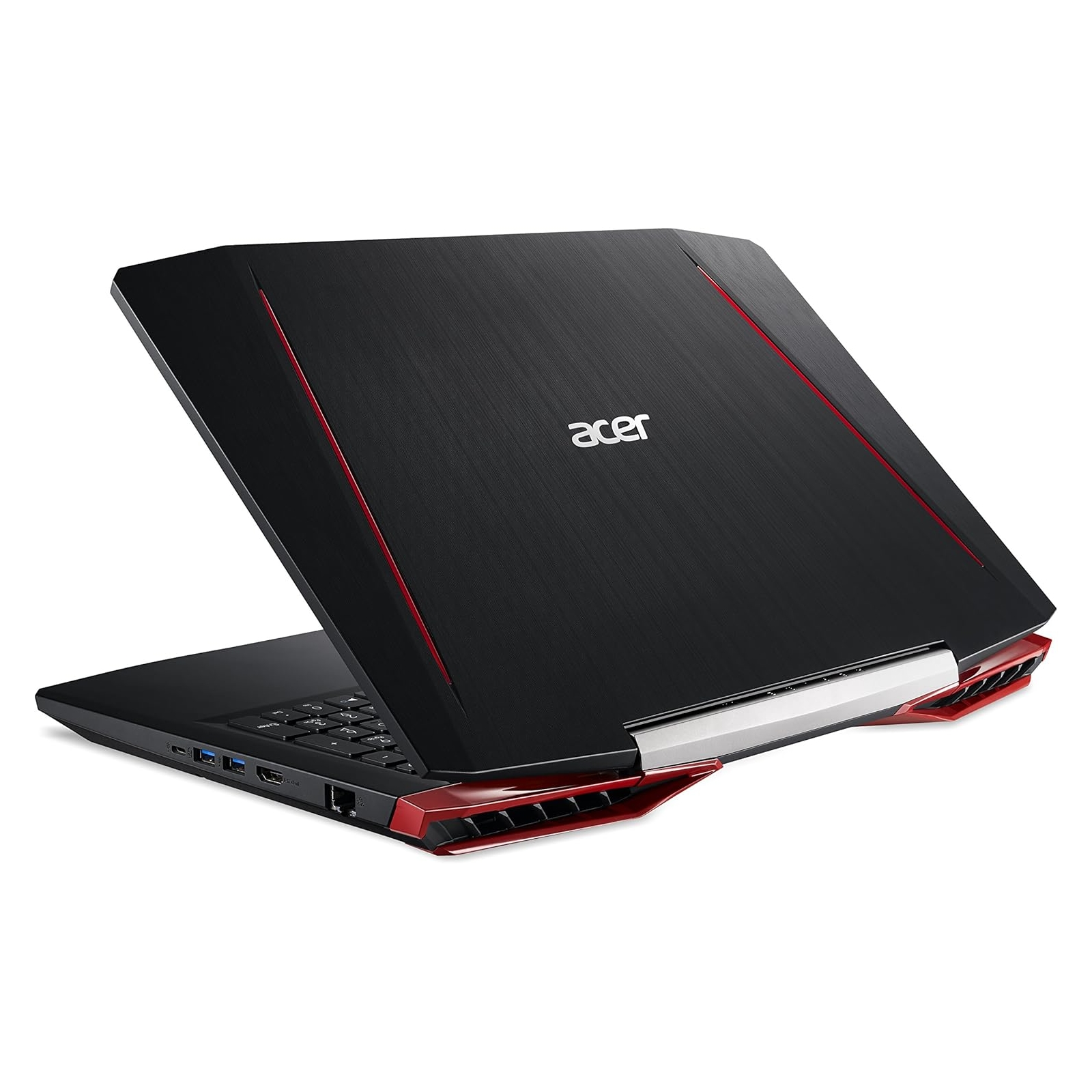 Laptop da gaming Acer nero e rosso, aperto ad angolo, mostra tastiera e dettagli del design. Sfondo bianco.