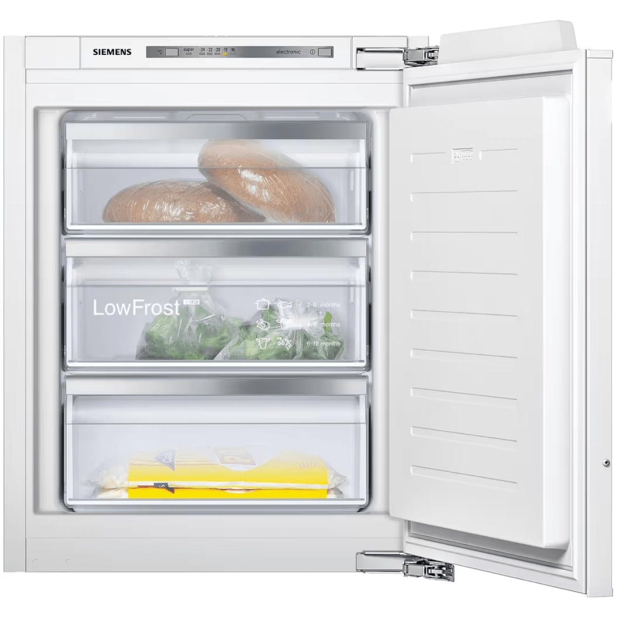 Biała lodówka z otwartymi drzwiami. Wewnątrz znajdują się szuflady z produktami spożywczymi.