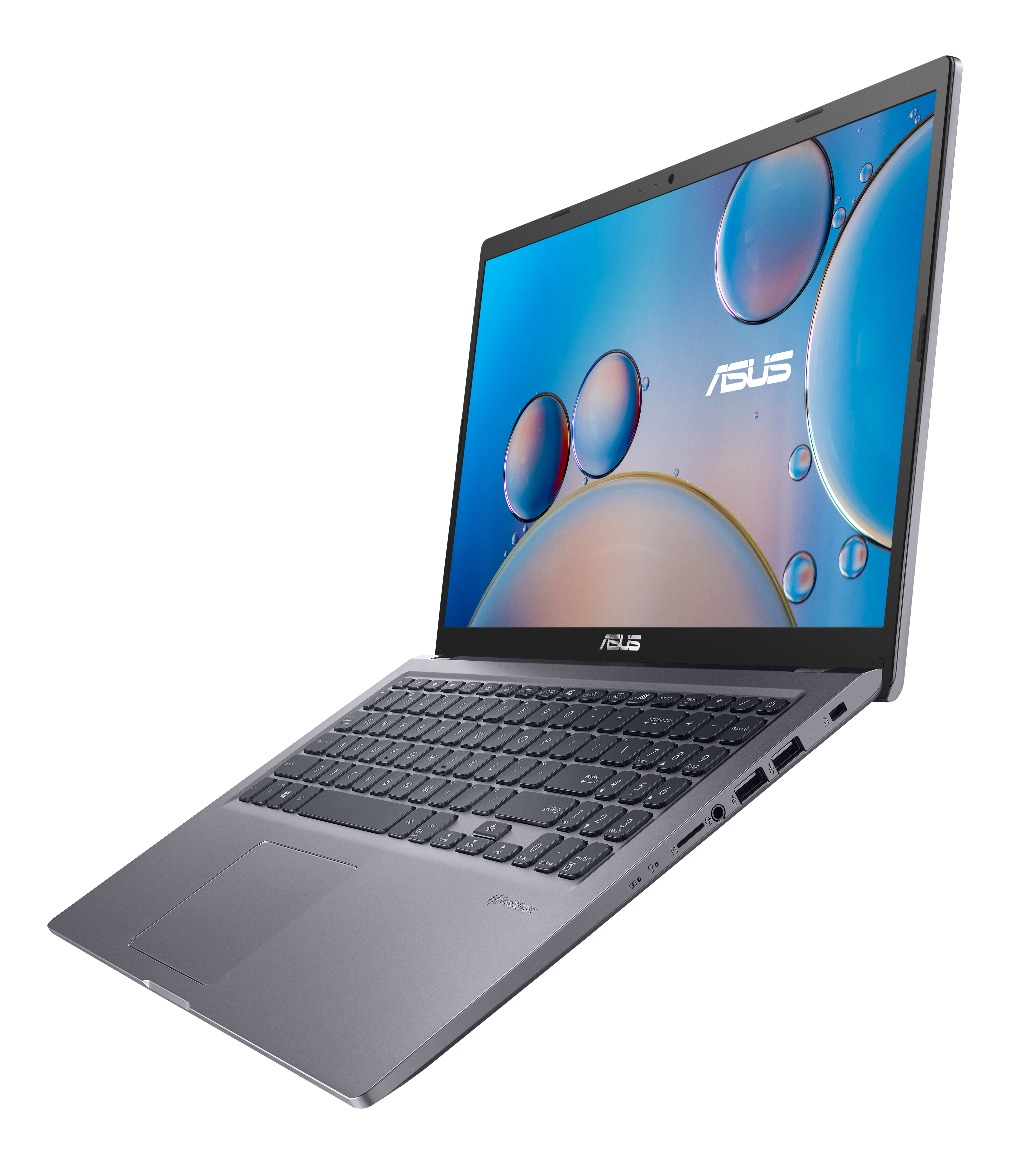 Un laptop grigio con logo ASUS sullo schermo, aperto, su sfondo bianco.