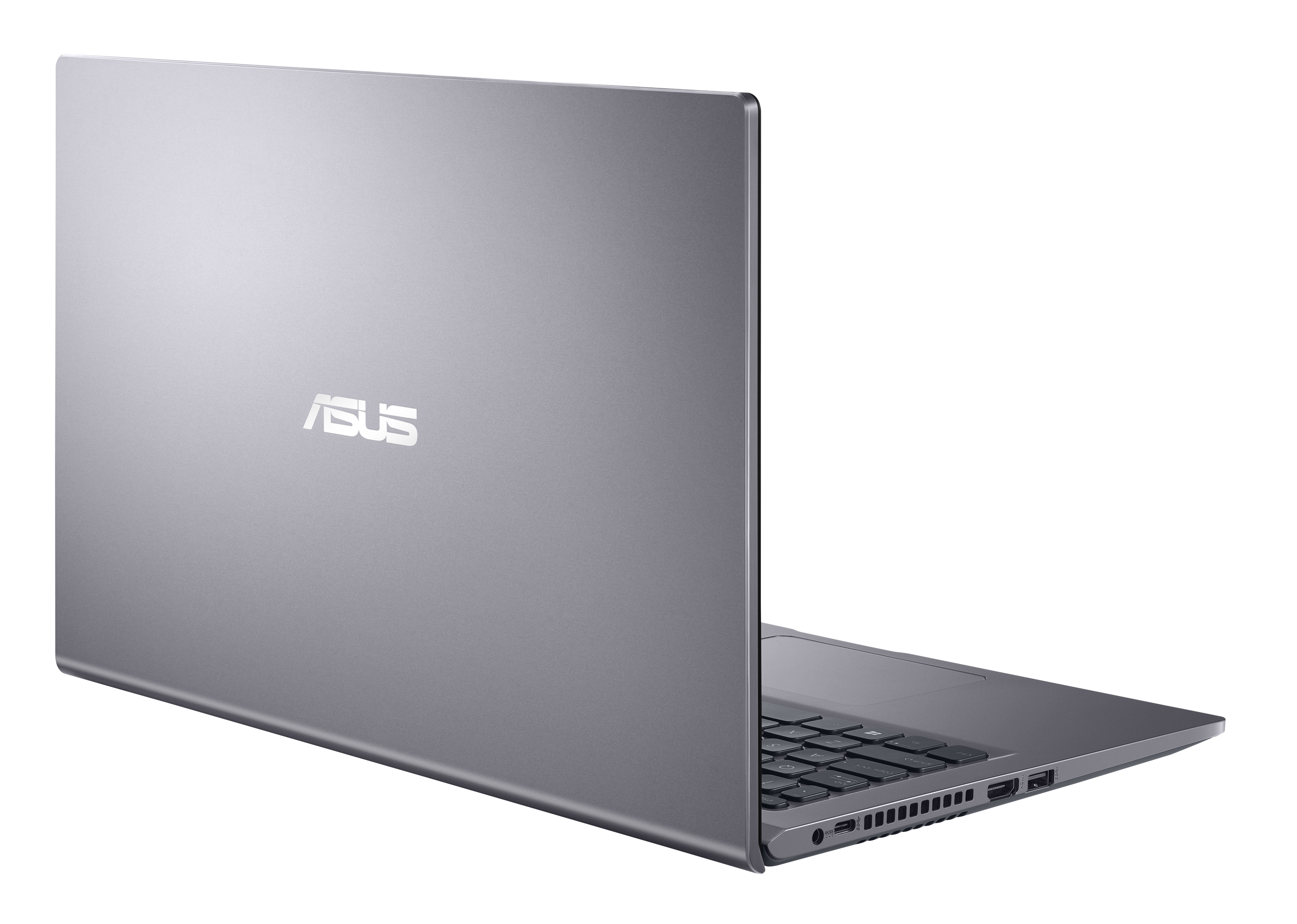 Un laptop grigio, chiuso, con il logo ASUS visibile sulla parte superiore. Sfondo bianco.