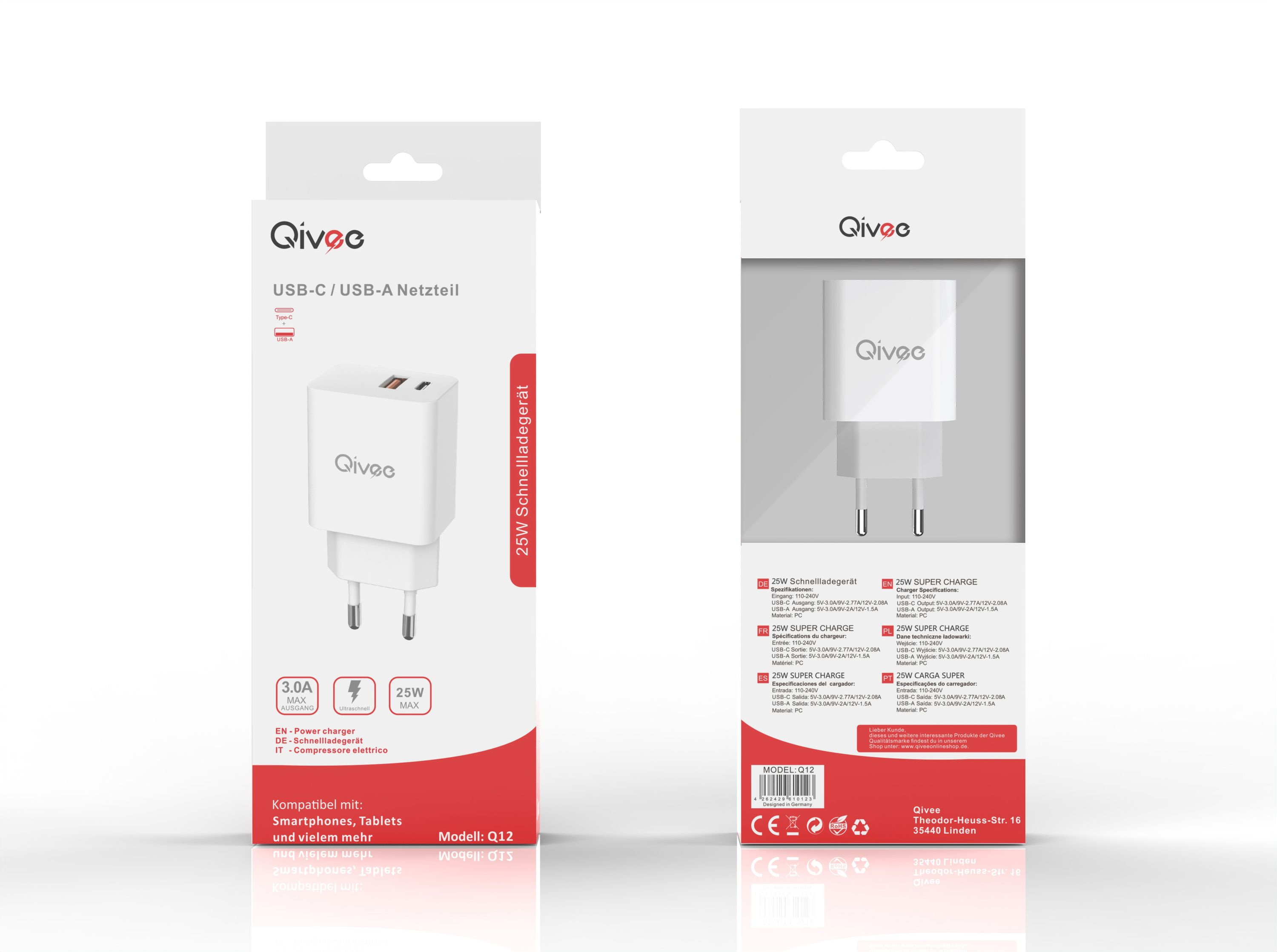 Zwei weiße Qivee USB-C/USB-A Ladegeräte mit Verpackung. Weißer Hintergrund.