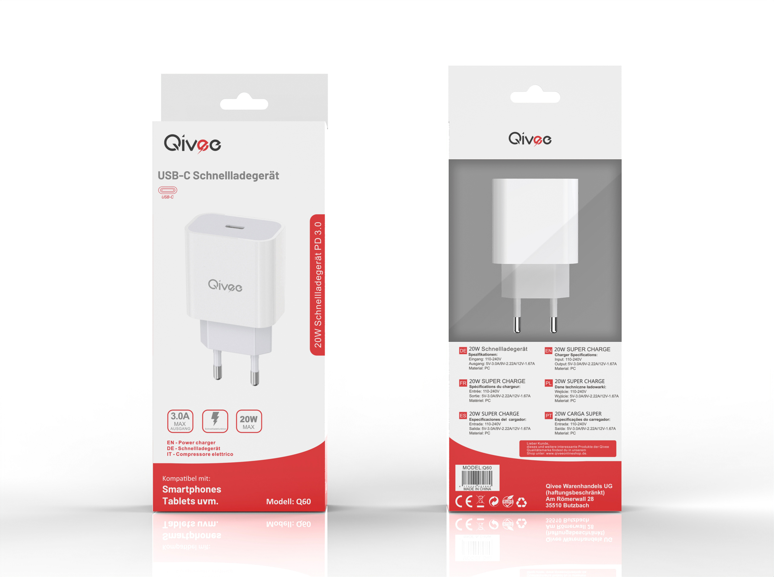 Zwei Qivec USB-C Schnellladegeräte in Kartons. Die vordere Schachtel zeigt das Ladegerät, die hintere die Spezifikationen.