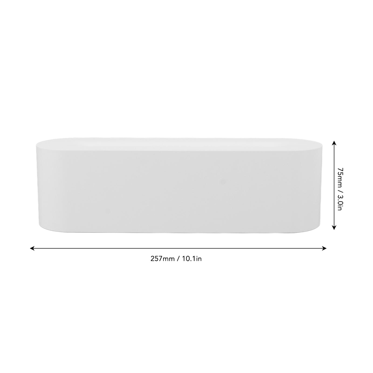 Ein weißes, rechteckiges Objekt mit abgerundeten Kanten und beschrifteten Abmessungen. Es ist 257 mm/10,1 Zoll lang.