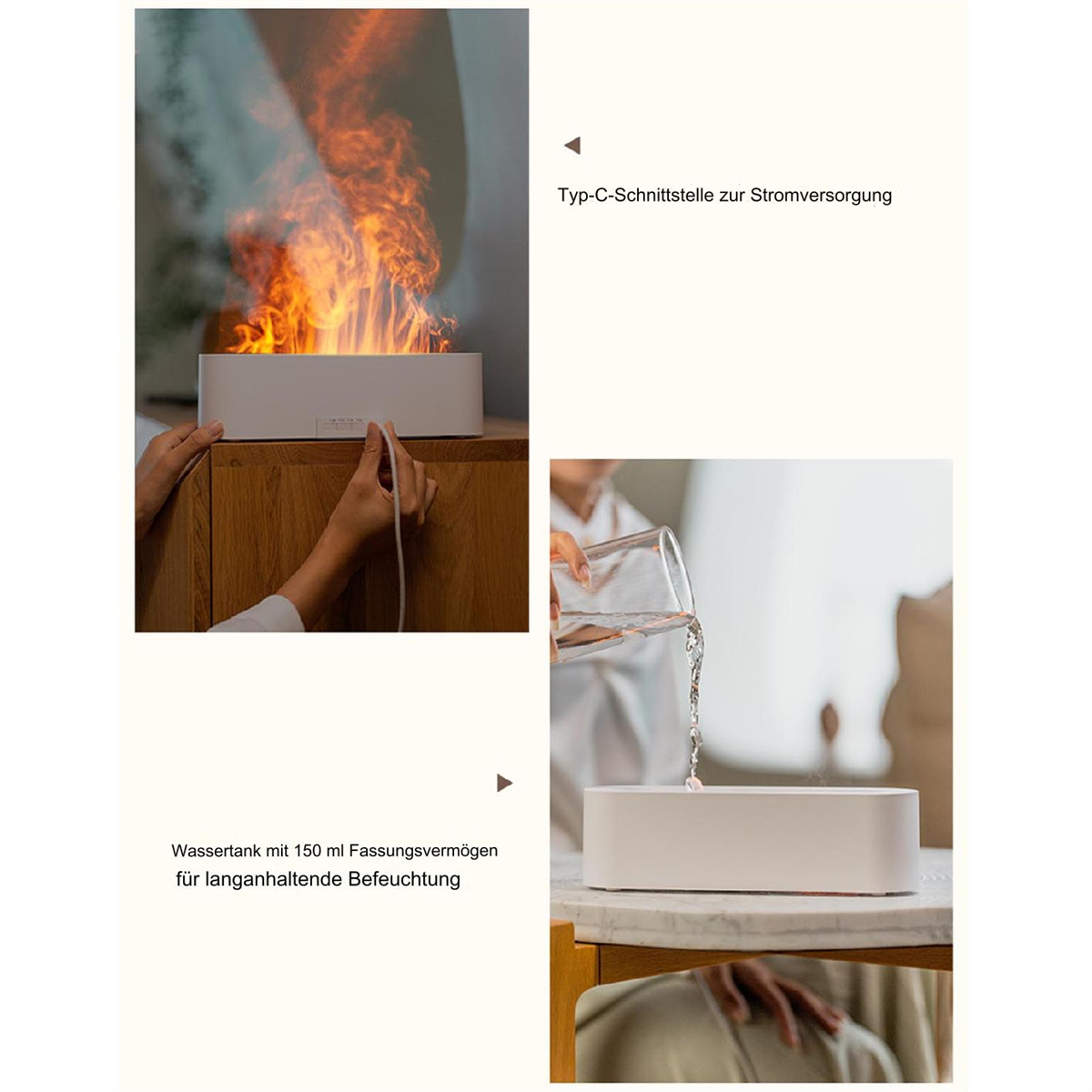 Zwei Fotos, die einen weißen Luftbefeuchter zeigen. Eines zeigt einen Flammeneffekt, das andere, wie Wasser gegossen wird.