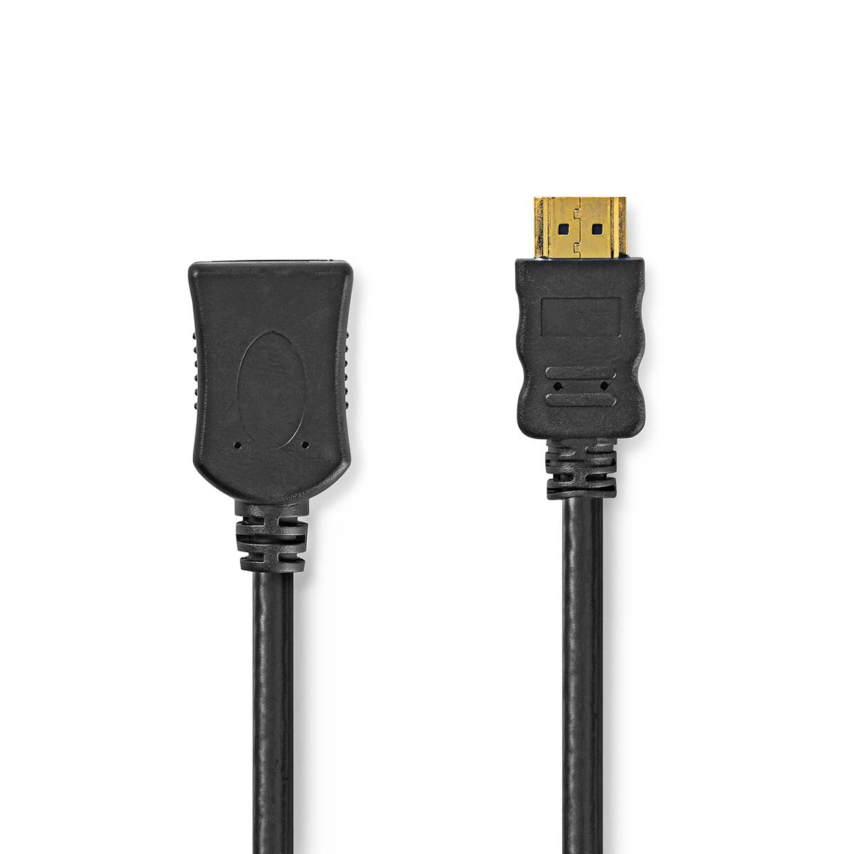 Zwarte HDMI-kabel met connectoren aan beide uiteinden, witte achtergrond.