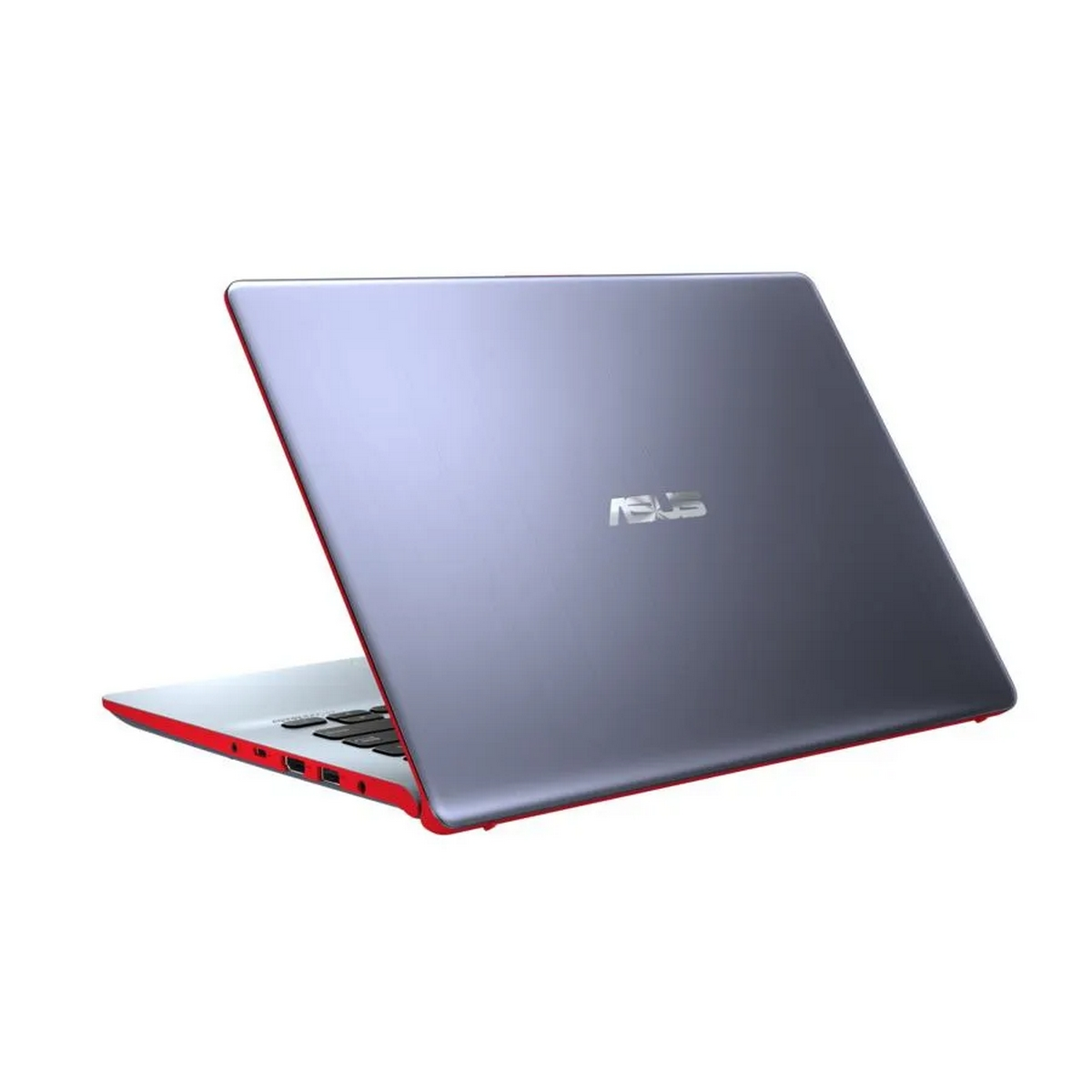 Vista posteriore di un laptop chiuso. Colore grigio con bordi rossi, sfondo bianco.