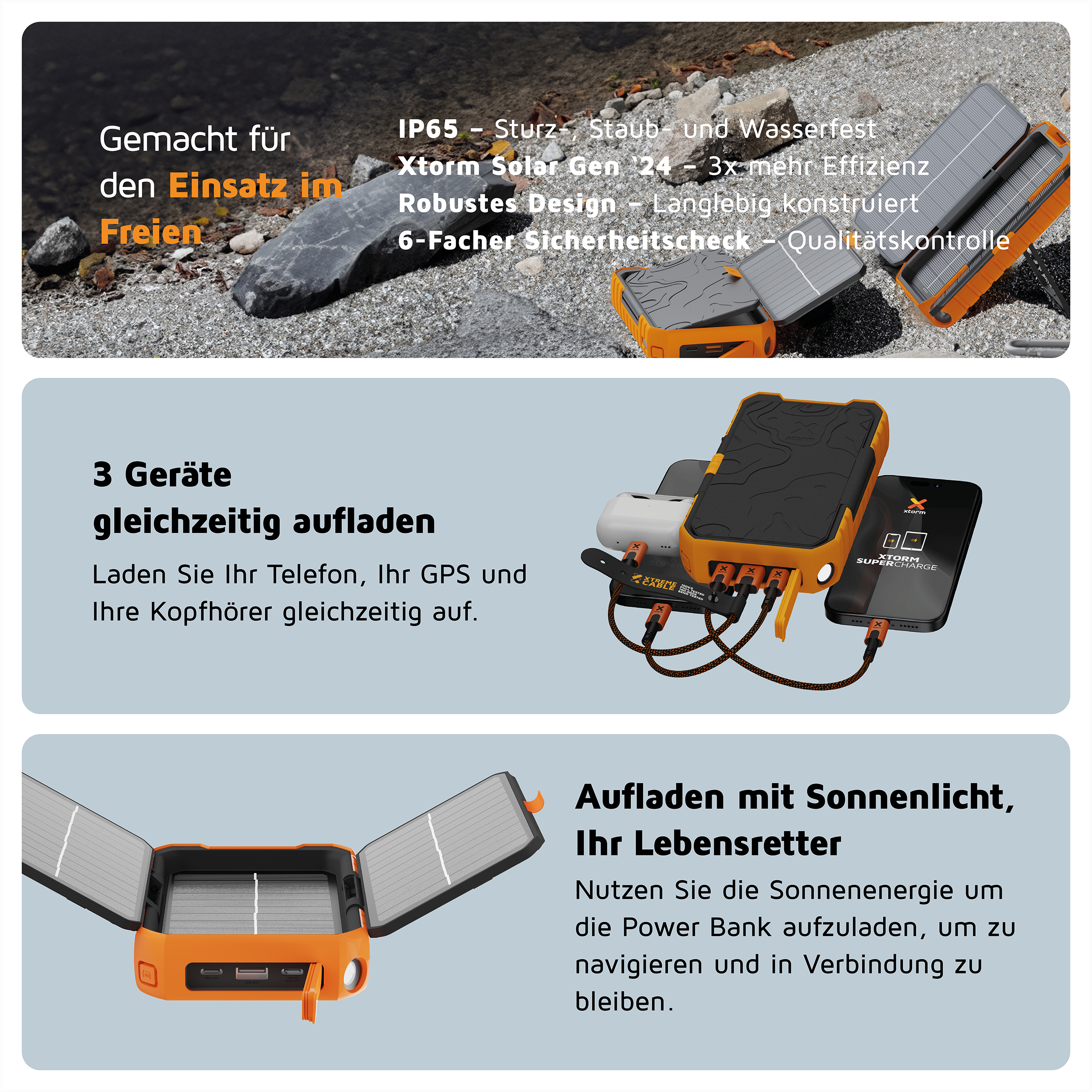 Orangefarbene Powerbank mit geöffneten Solarpanels, im Freien verwendet. Text auf Gerät und Verpackung.