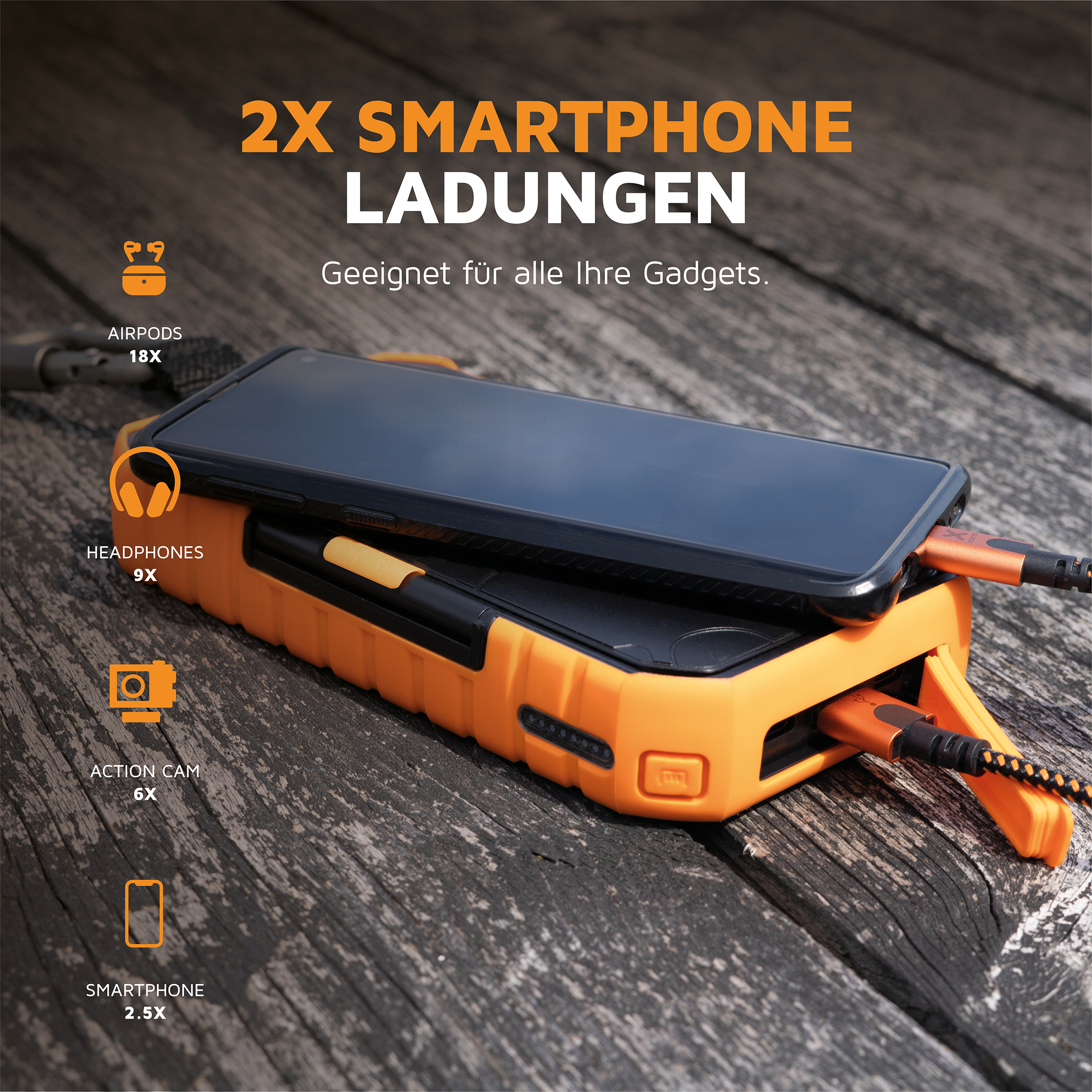 Ein Telefon mit Ladekoffer. Es befindet sich auf einer Holzoberfläche, und der Koffer ist orange. Text: '2X SMARTPHONE LADUNGEN'.