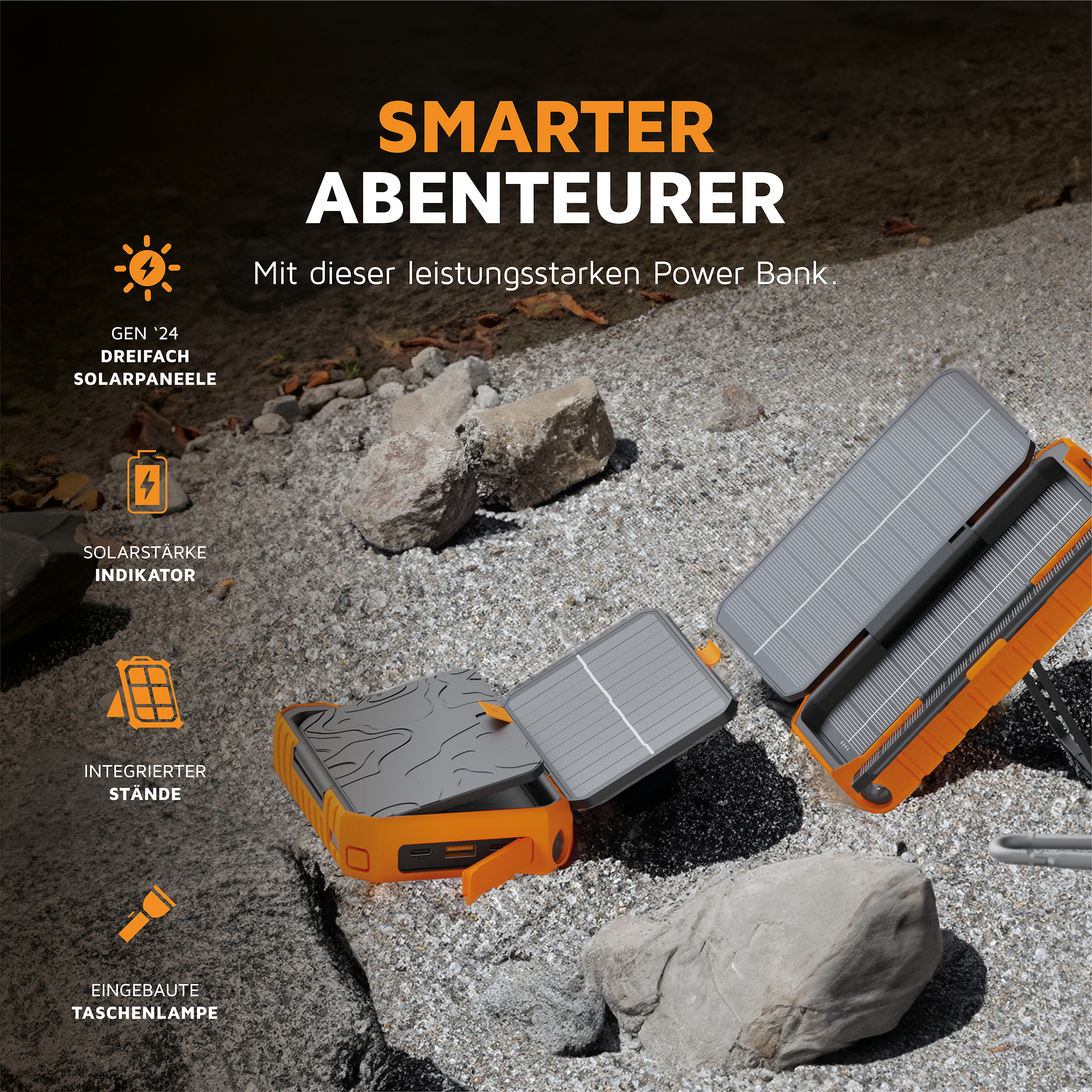Eine orange Powerbank mit geöffneten Solarpanels auf einer felsigen Oberfläche. Text auf Deutsch.