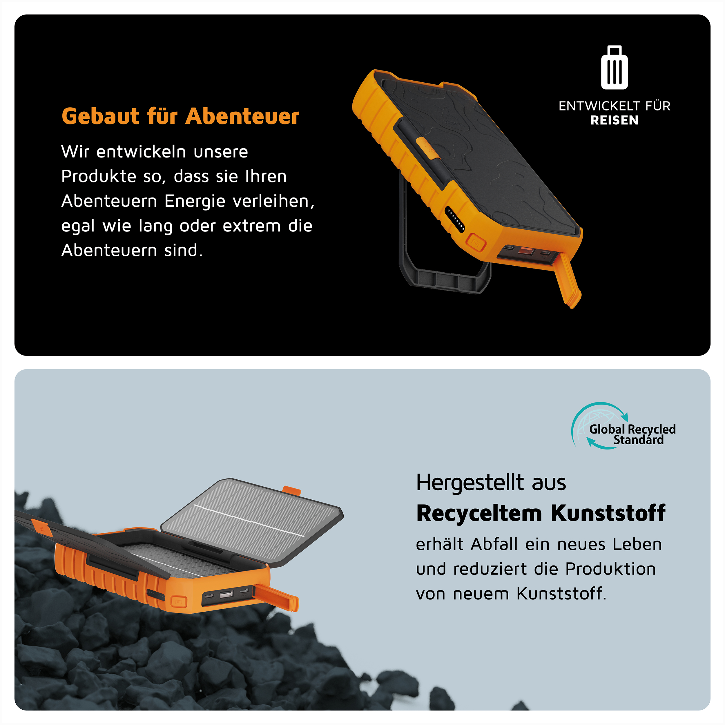 Orangefarbenes und schwarzes tragbares Ladegerät. Das Ladegerät ist geöffnet, mit einem Solarpanel. Text erklärt, dass es aus recyceltem Kunststoff besteht.